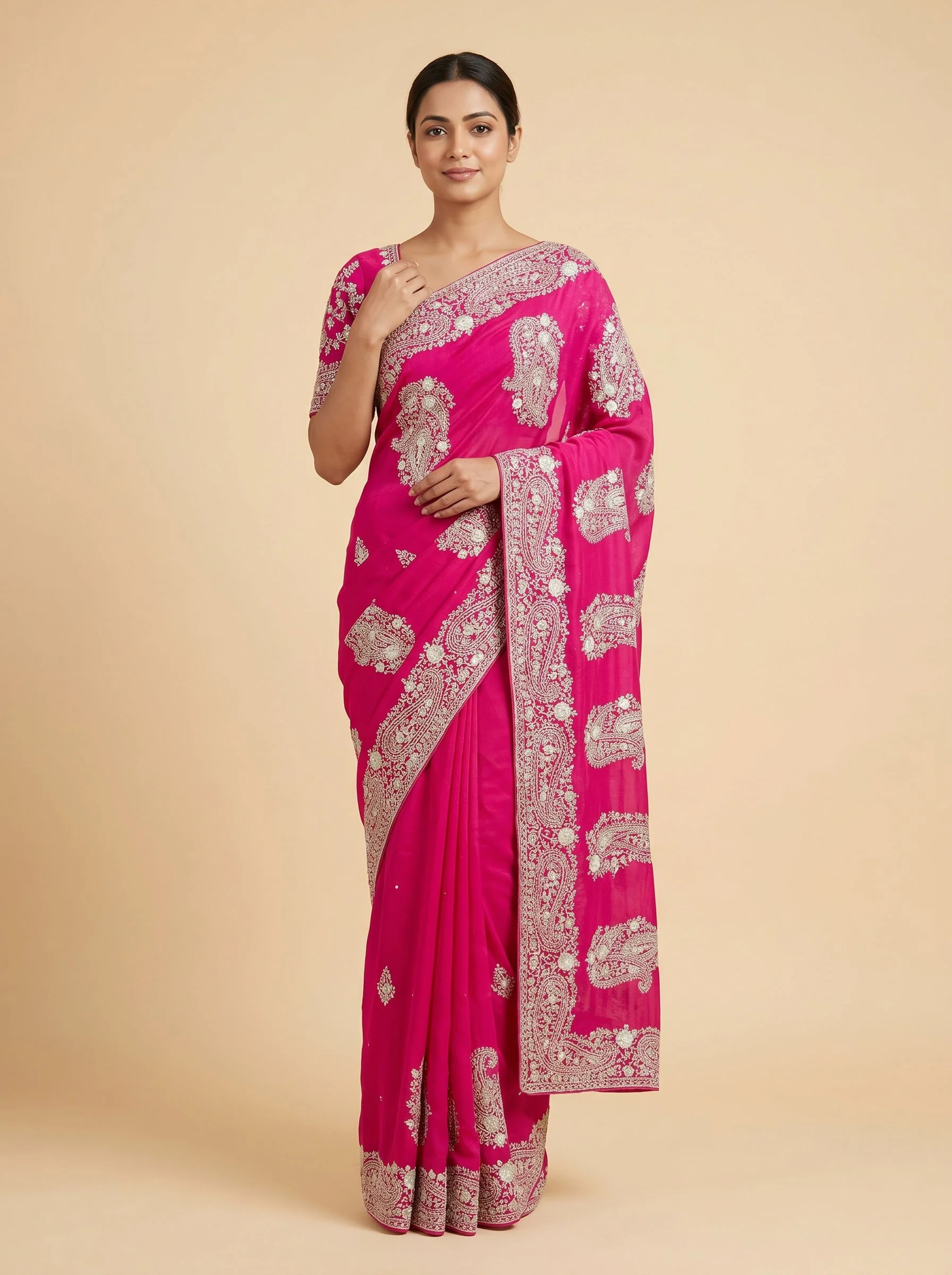 Rani Embroidered Saree with Detailed Border