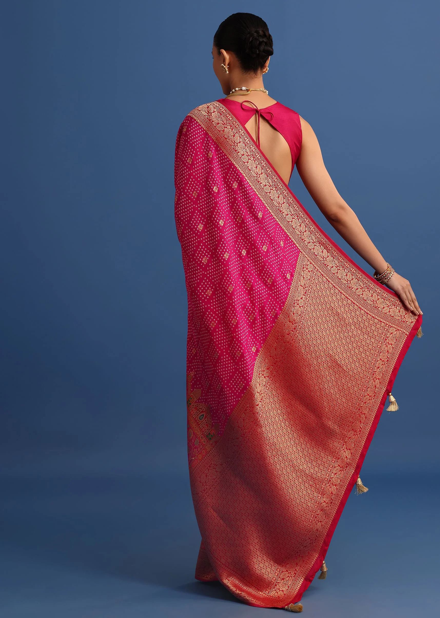 Rani Pink Banarasi Bandhani Satin Saree With Brocade Motifs On Border - Image 6