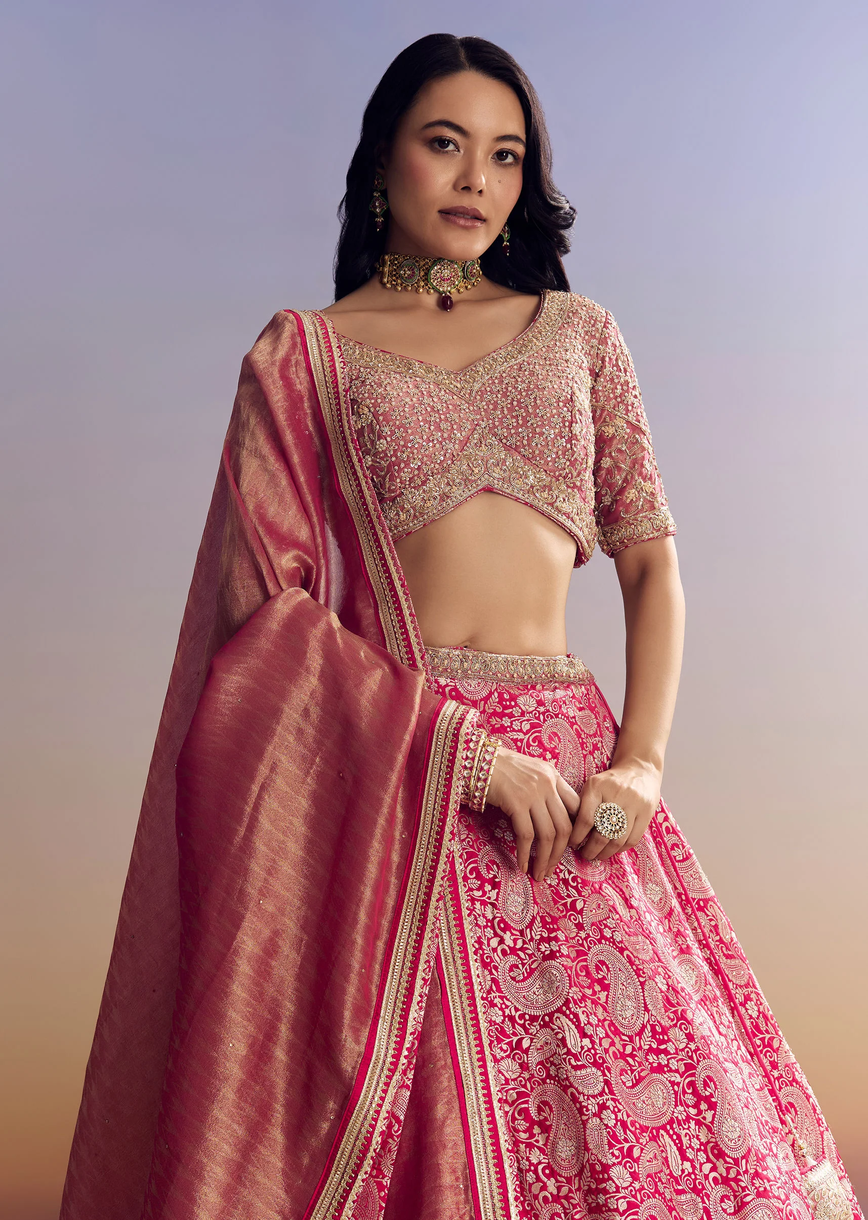 Rani Pink Banarasi Lehenga Set With Embroidered Choli - Image 4