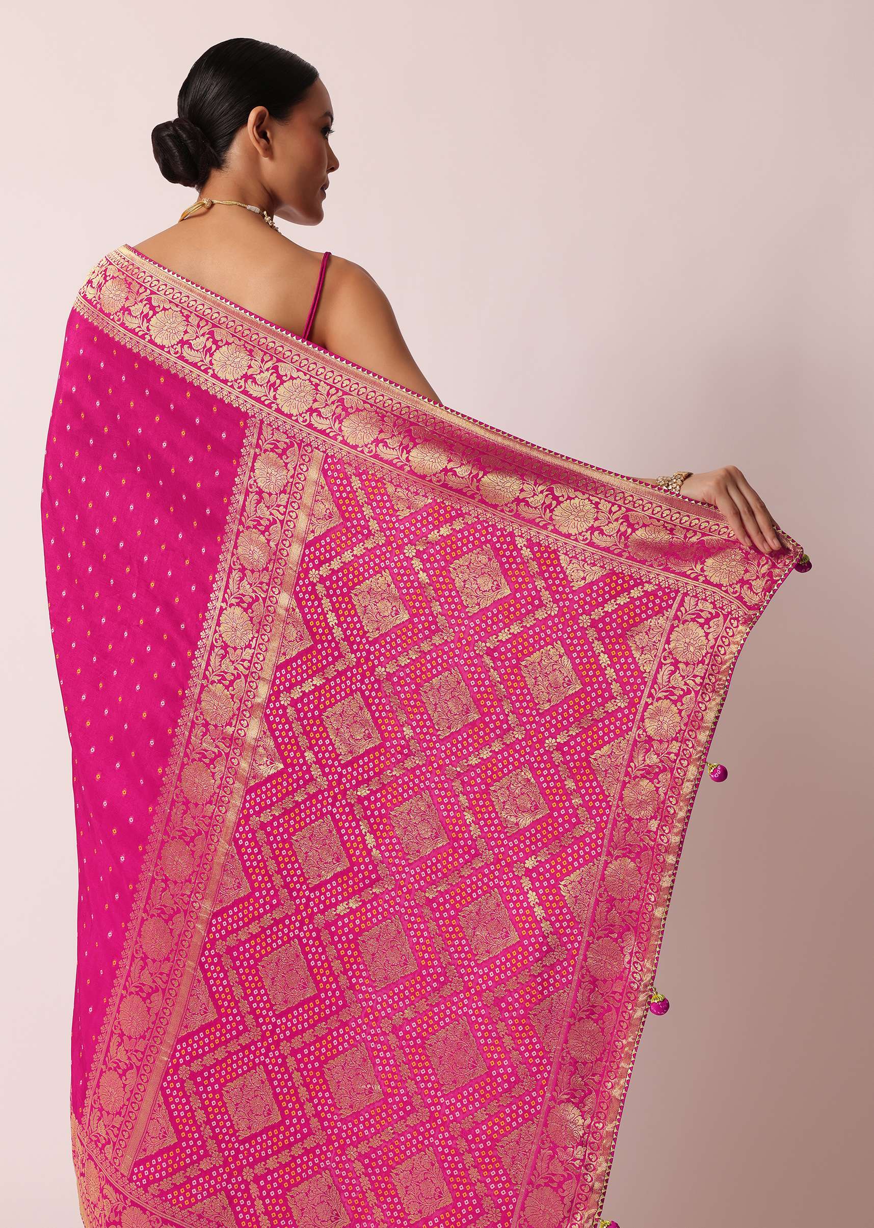 Rani Pink Banarasi Saree With Bandhani Buttis And Unstitched Blouse Piece - Image 4