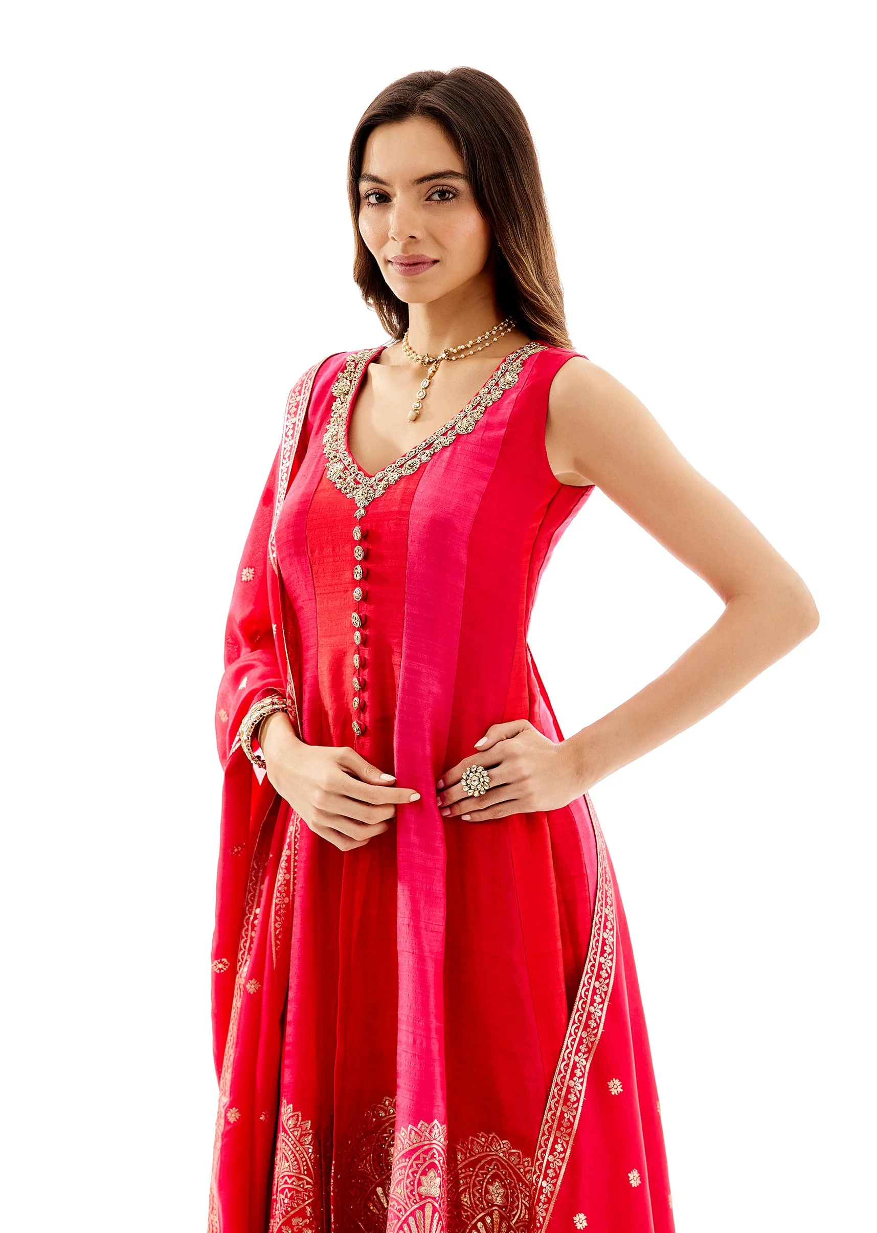 Rani Pink Banarasi Silk Anarkali And Dupatta With Zardosi Neck Work - Image 4