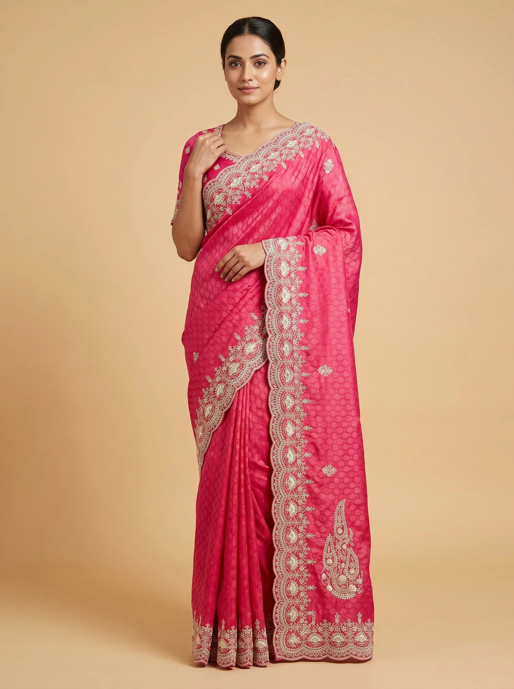 Rani Pink Blend Embroidered Saree