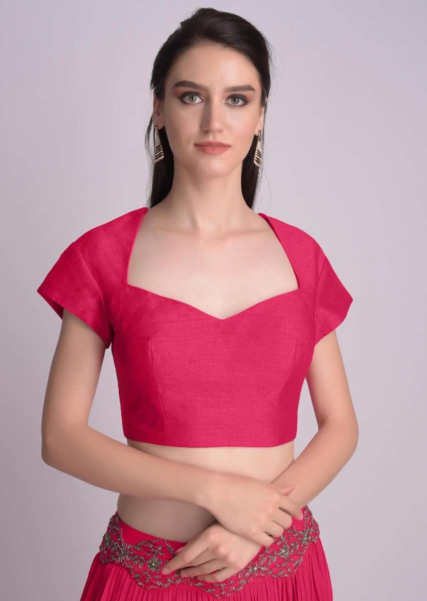 Rani Pink Blouse With Deep Sweet Heart Neck And Cap Sleeves - Image 3