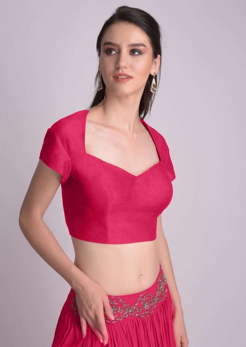 Rani Pink Blouse With Deep Sweet Heart Neck And Cap Sleeves - Image 4