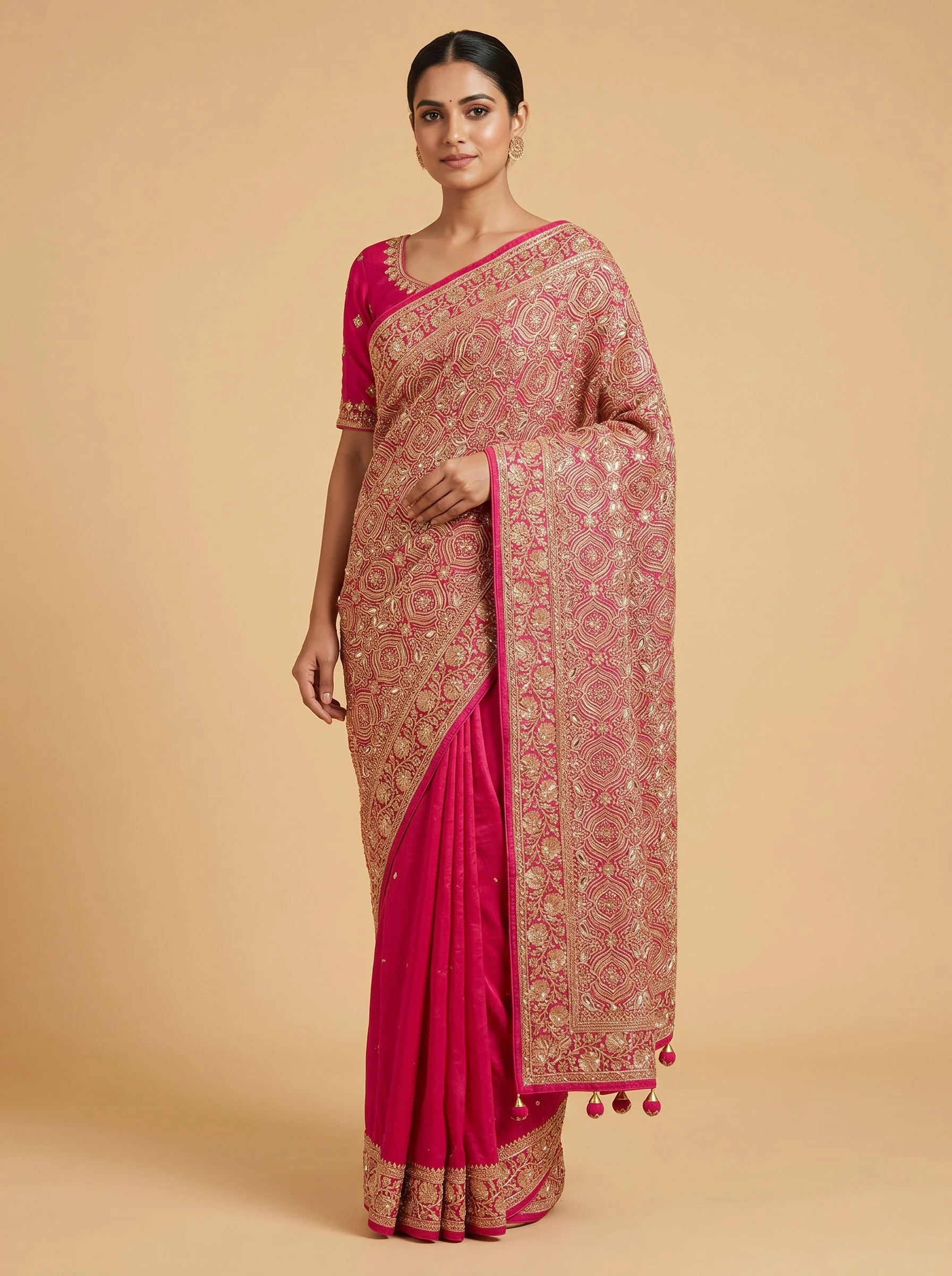 Rani Pink Bold-Embroidery Saree