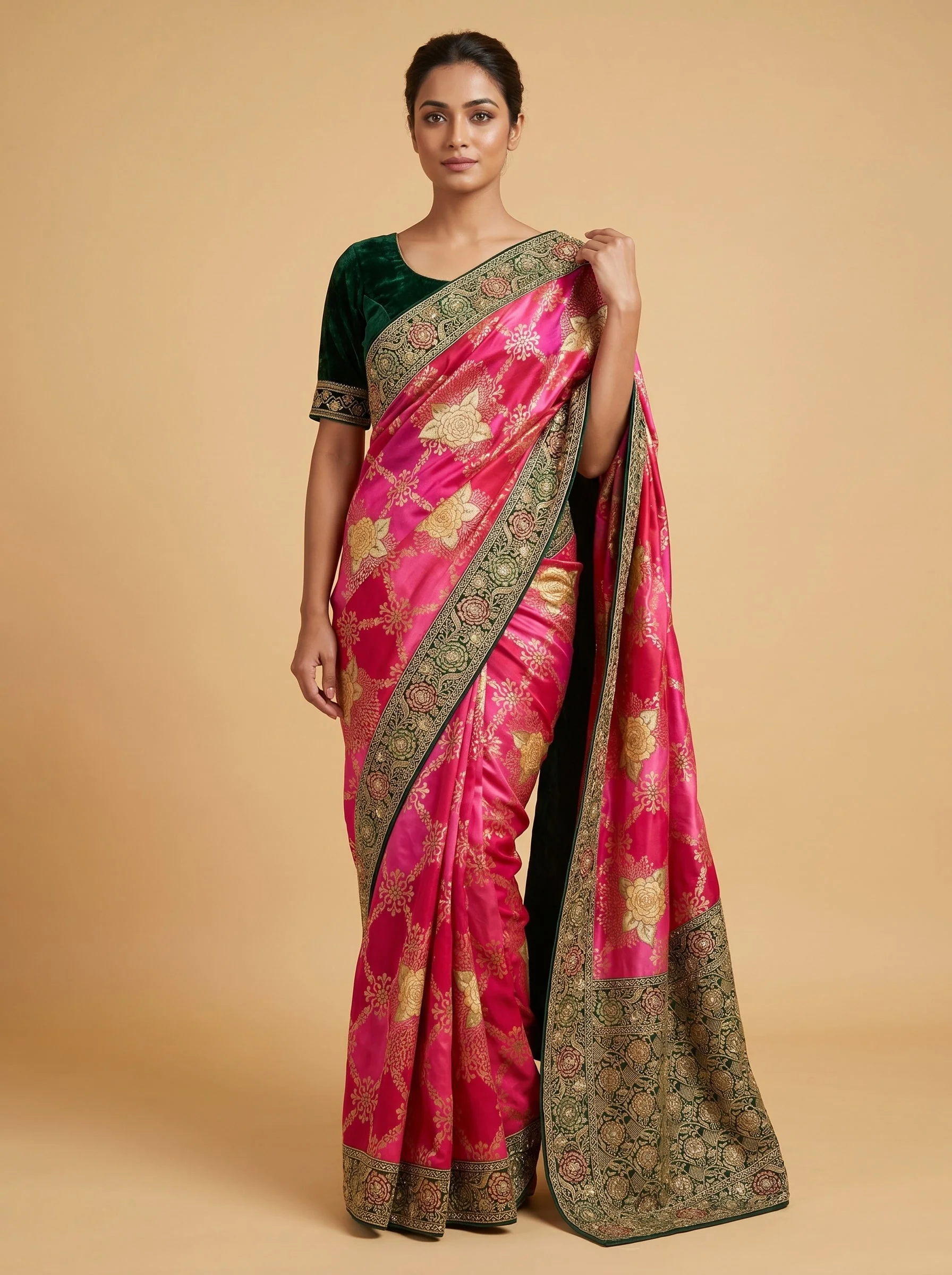 Rani Pink Bright Tone Embroidered Saree
