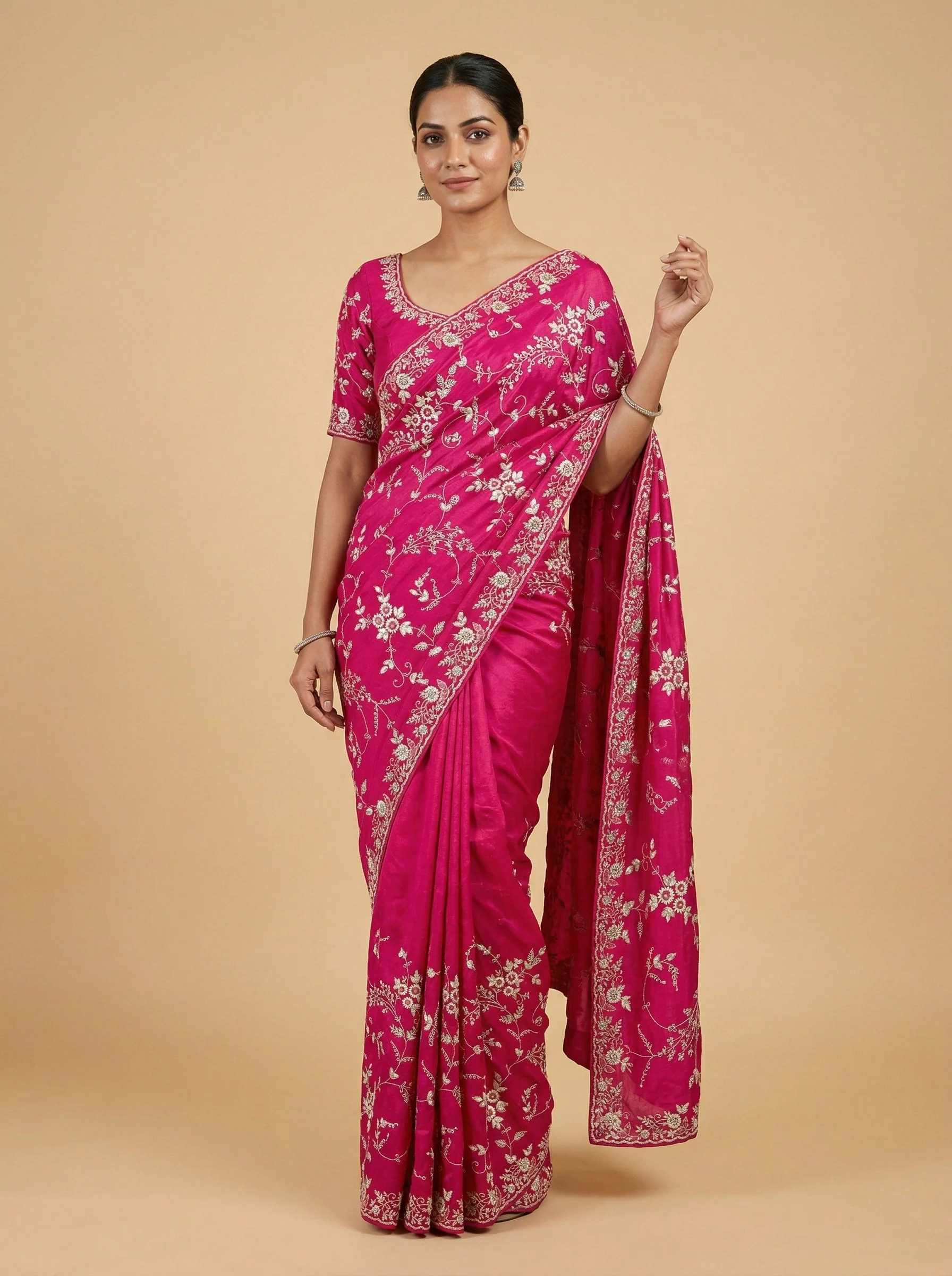 Rani Pink Buoyant Embroidered Saree