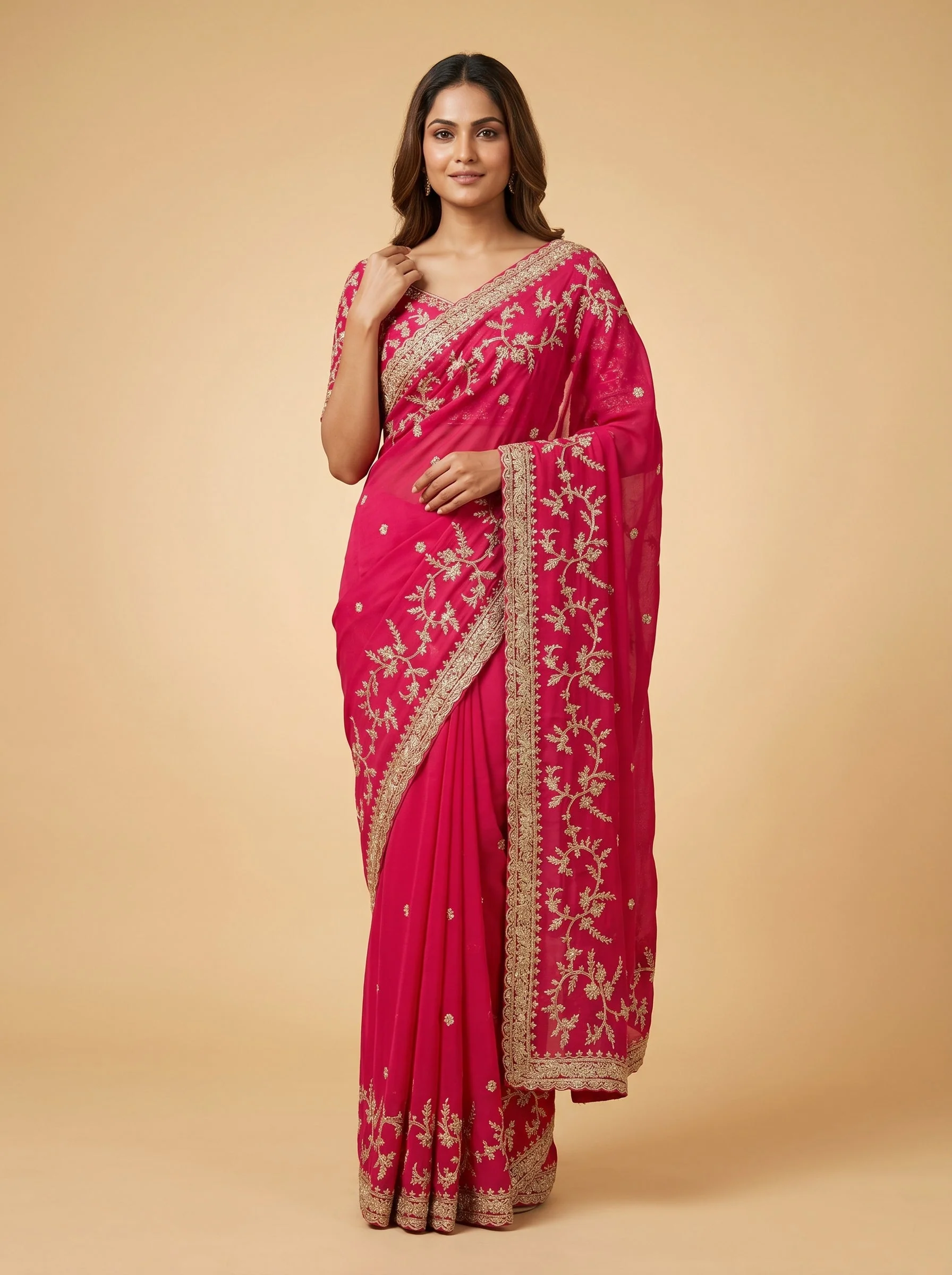 Rani Pink Celebration Bloom Embroidered Saree