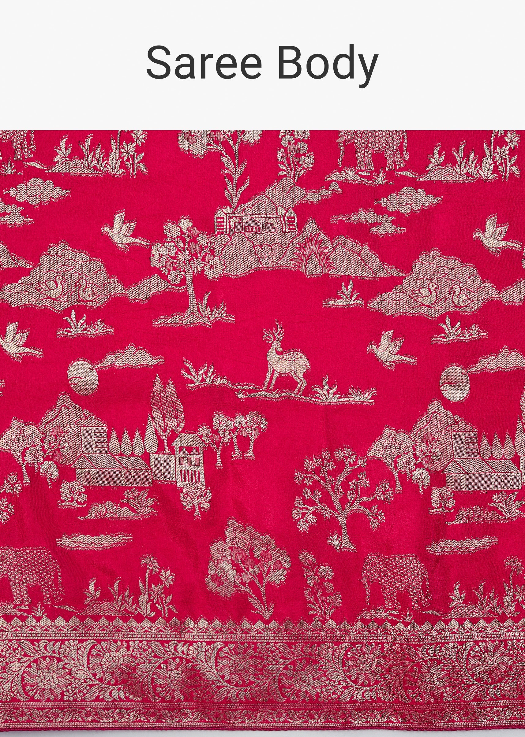 Rani Pink Dola Silk Zari Jungla Saree - Image 9