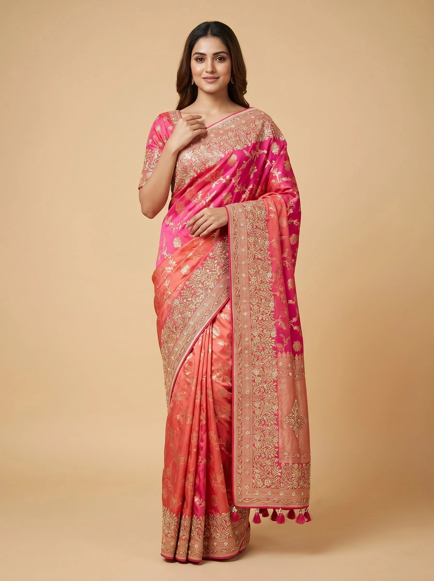 Rani Pink Dramatic Threadwork Saree