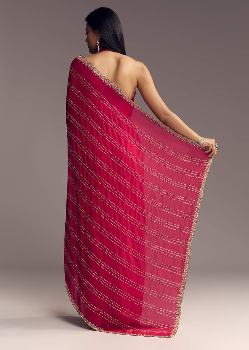 Rani Pink Embroidered Chinon Saree With Cut Dana - Image 4