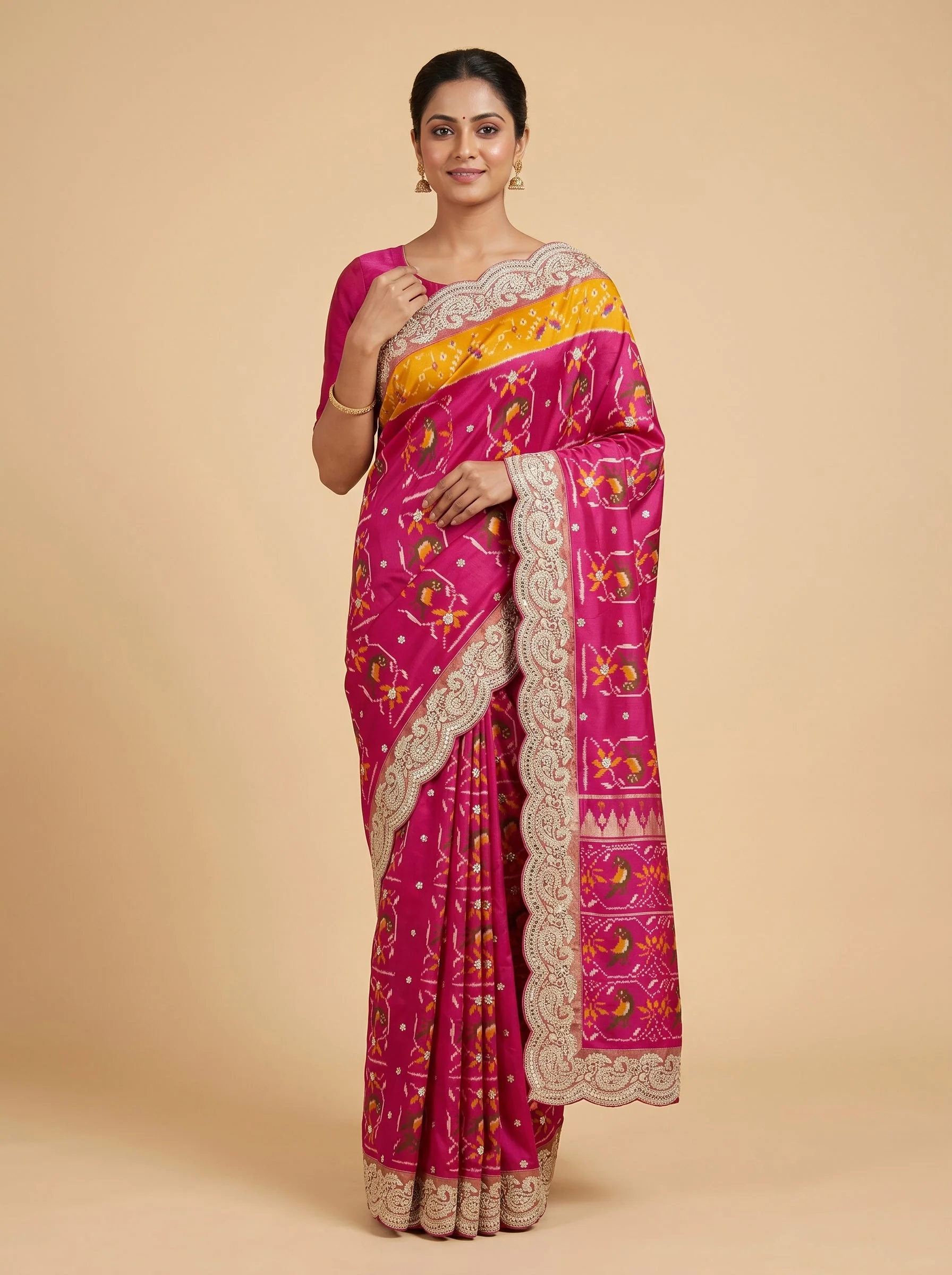 Rani Pink Embroidered Saree with Dramatic Details