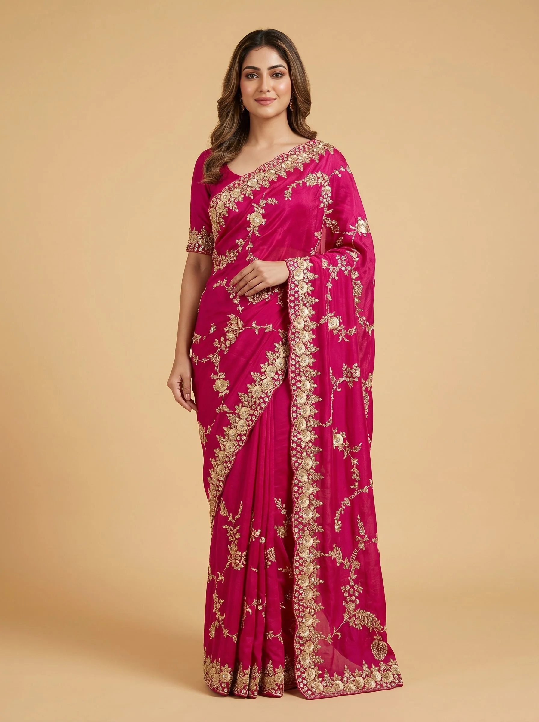 Rani Pink Festive Aura Embroidered Saree