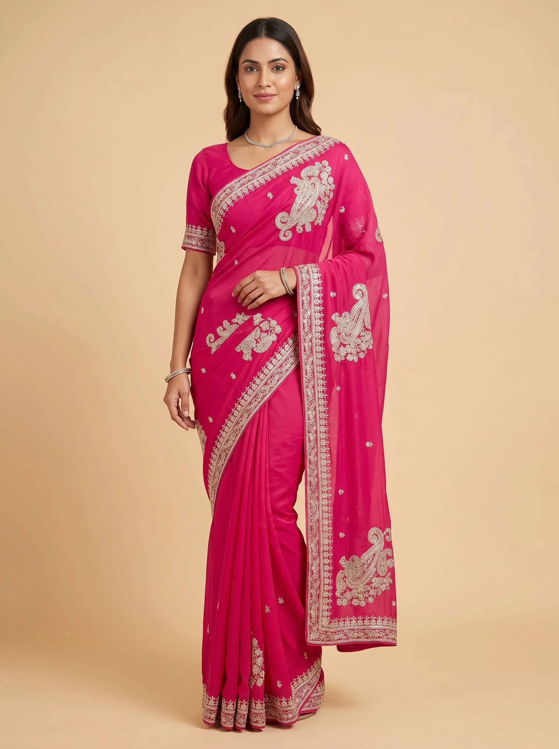 Rani Pink Festive Detail Embroidered Saree