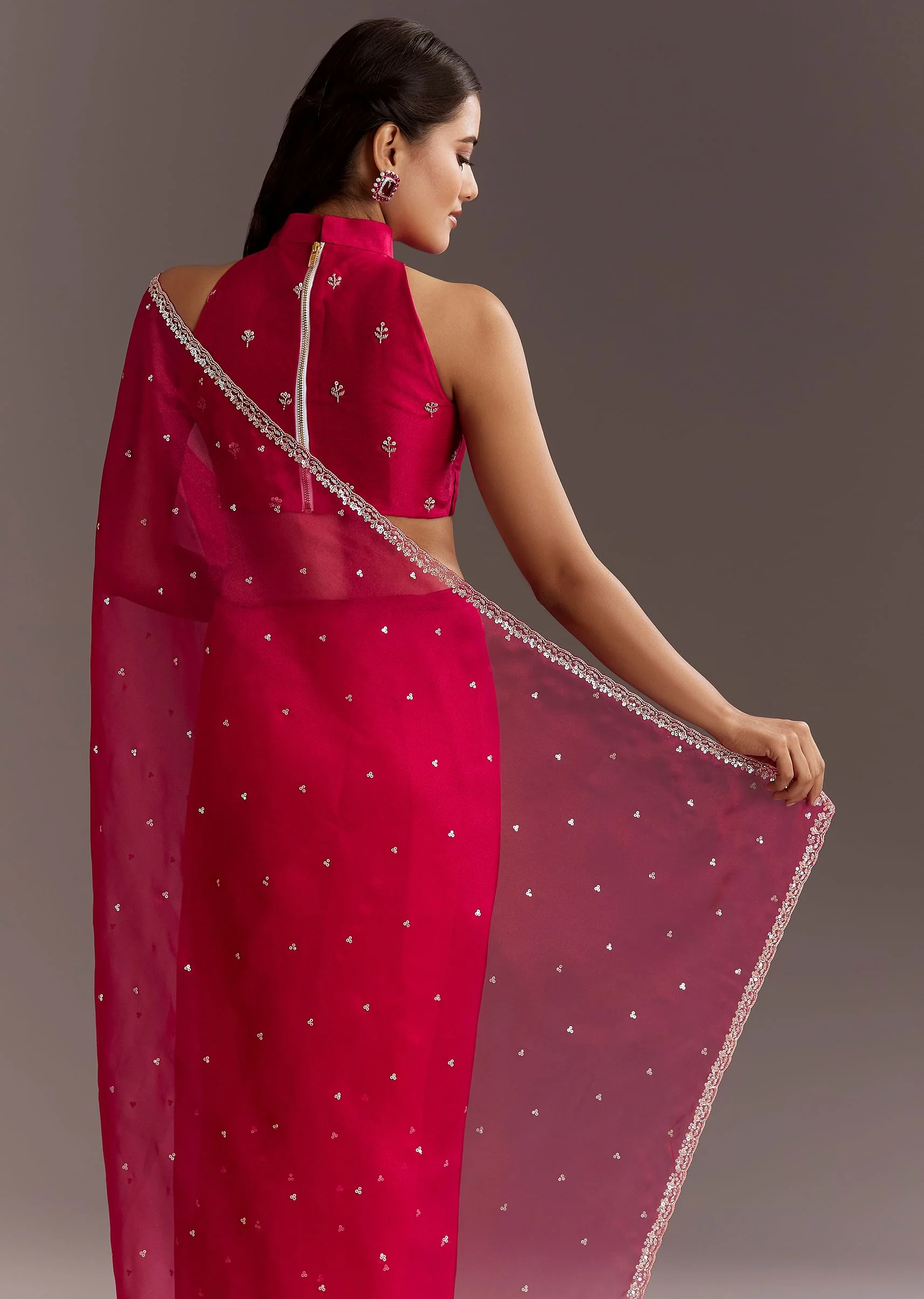 Rani Pink Glass Tissue Saree With Cutdana And Sequins Scallop Border - Image 4