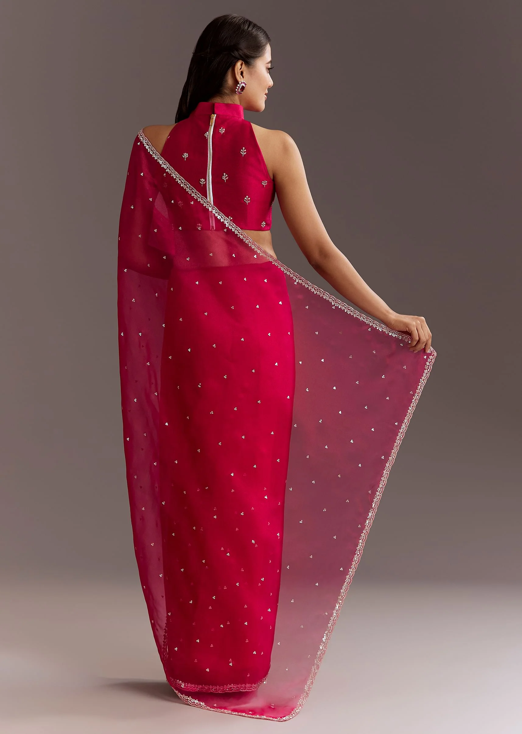 Rani Pink Glass Tissue Saree With Cutdana And Sequins Scallop Border - Image 6