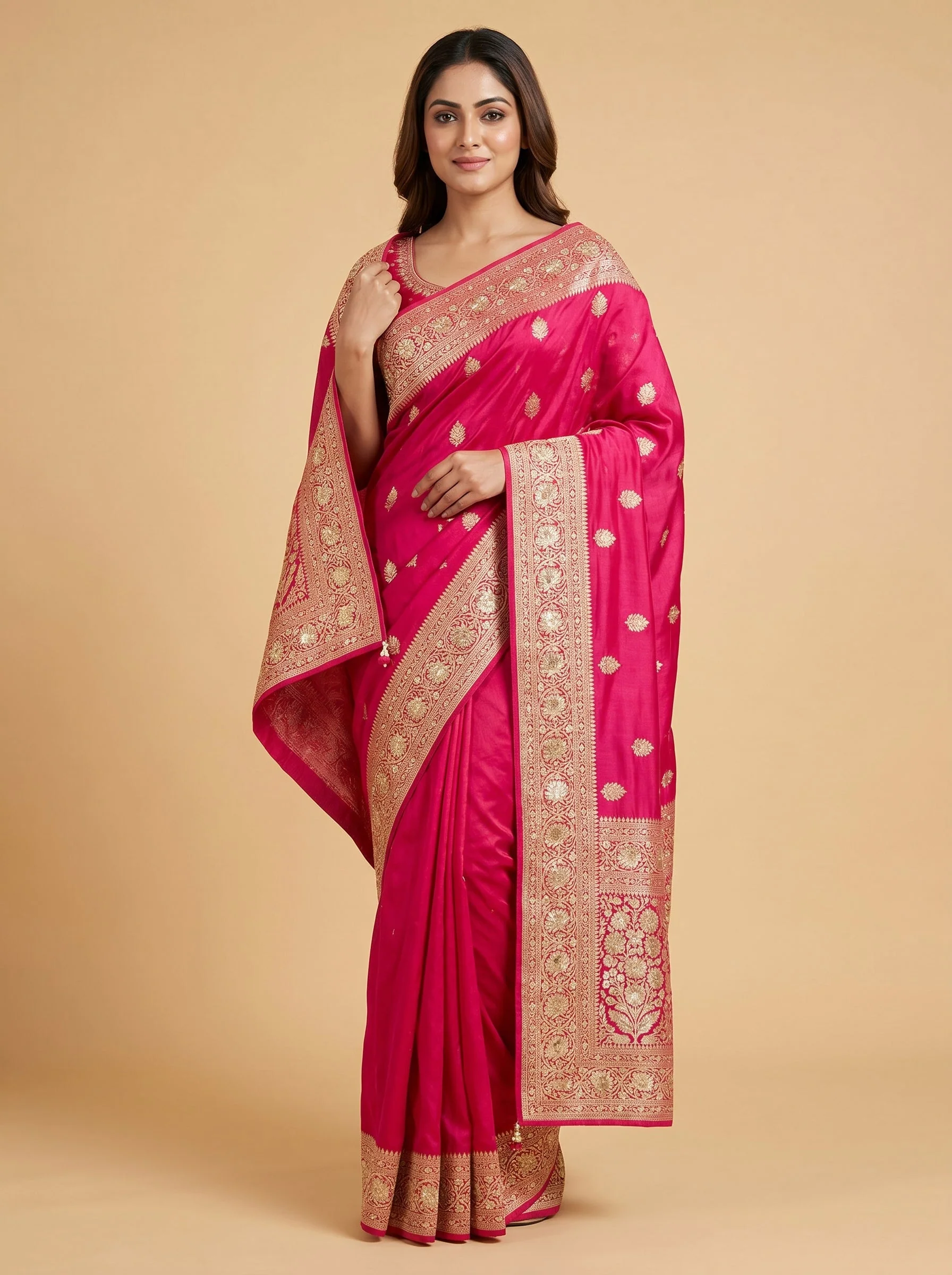 Rani Pink Glowing Work Saree
