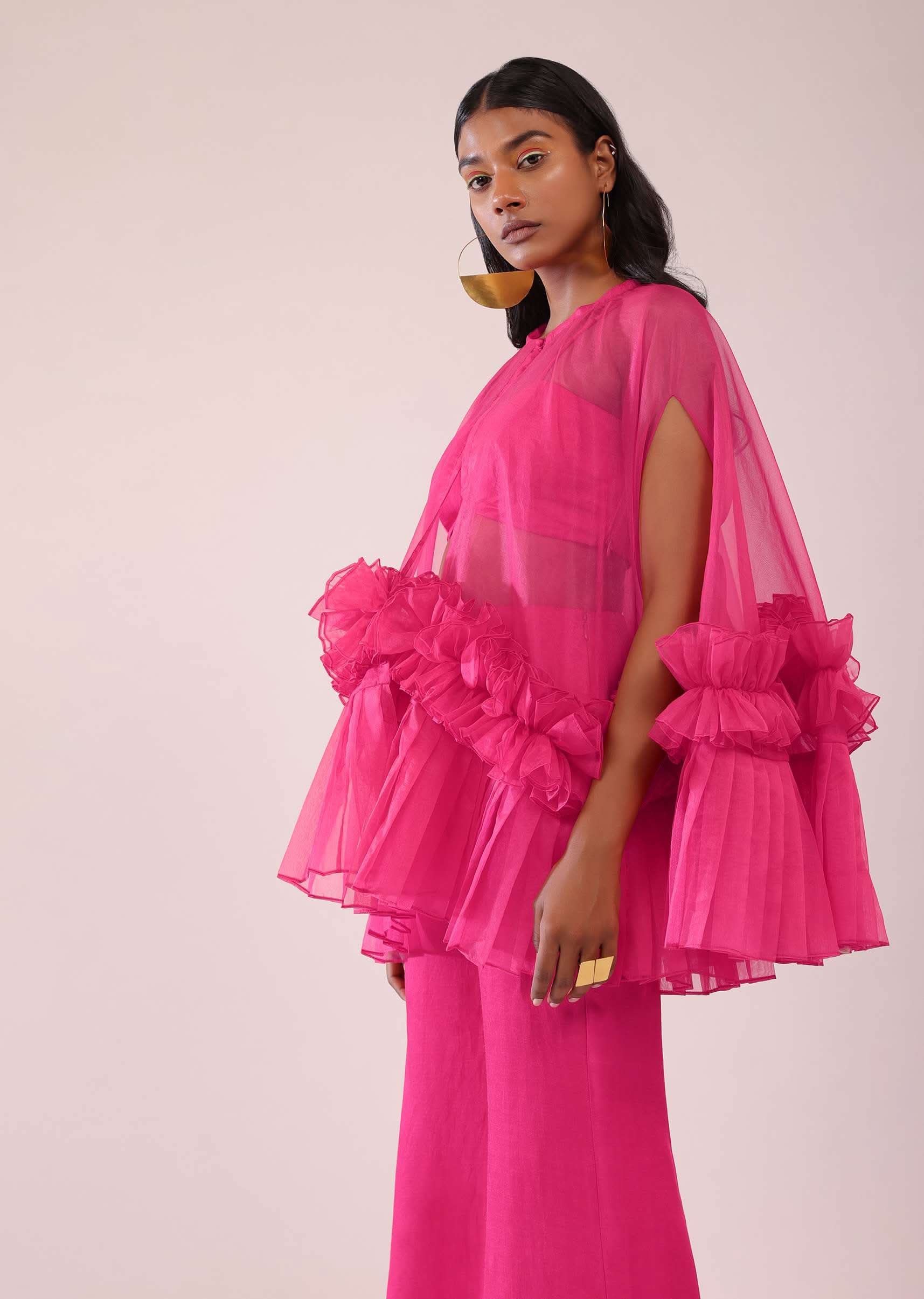 Rani Pink In Organza Frill Jacket & Pant Set With Bustier - Image 3