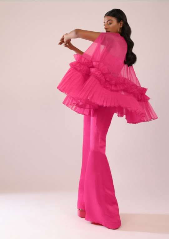 Rani Pink In Organza Frill Jacket & Pant Set With Bustier - Image 6