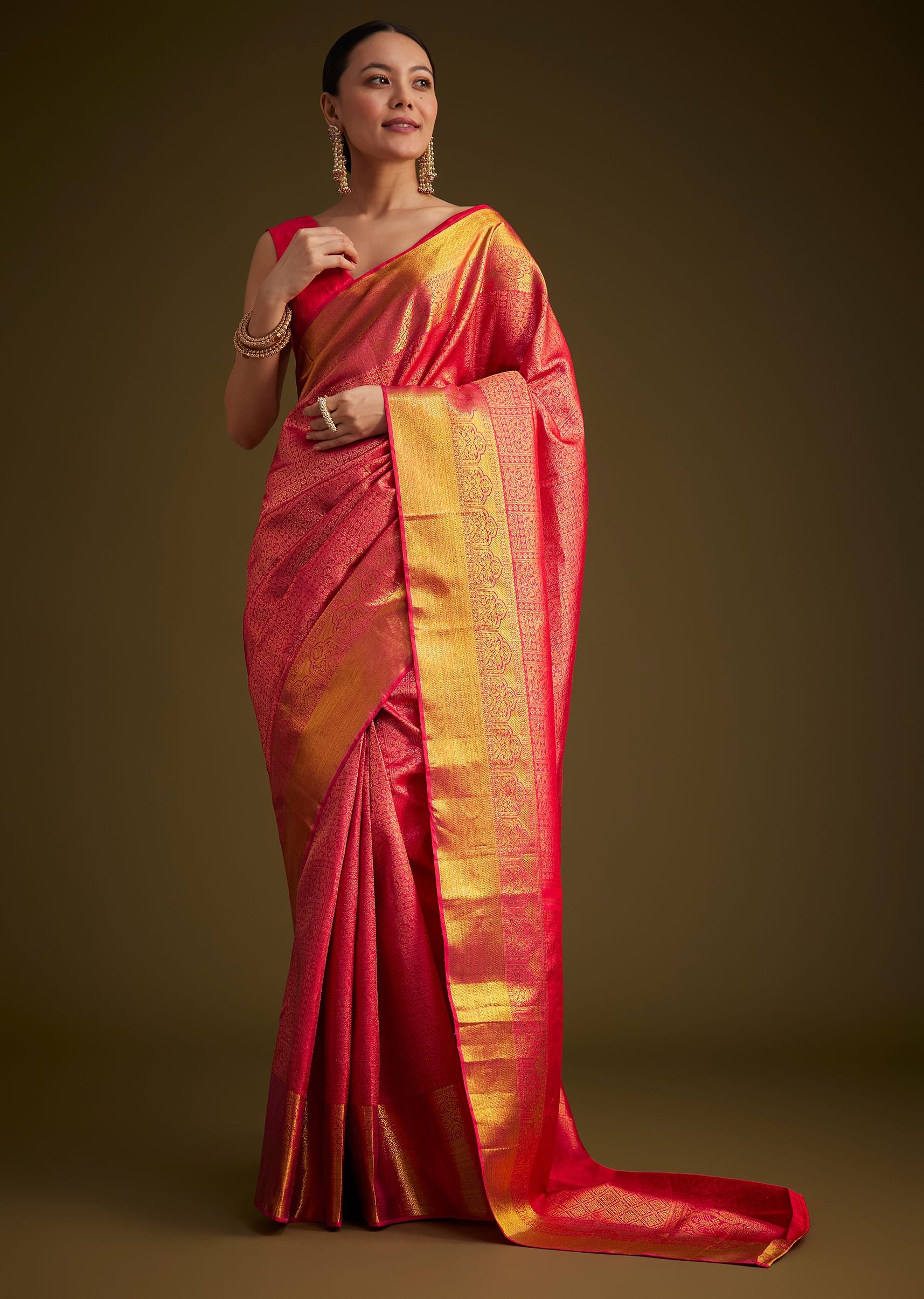 Rani Pink Kanjivaram Silk Saree With Golden Zari Detailing - Image 6