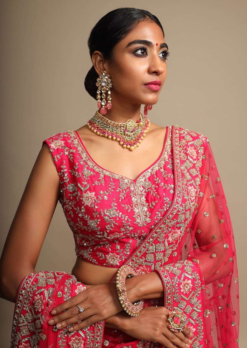 Rani Pink Lehenga Choli With Resham Embroidered Floral Border And Sequins Buttis - Image 5