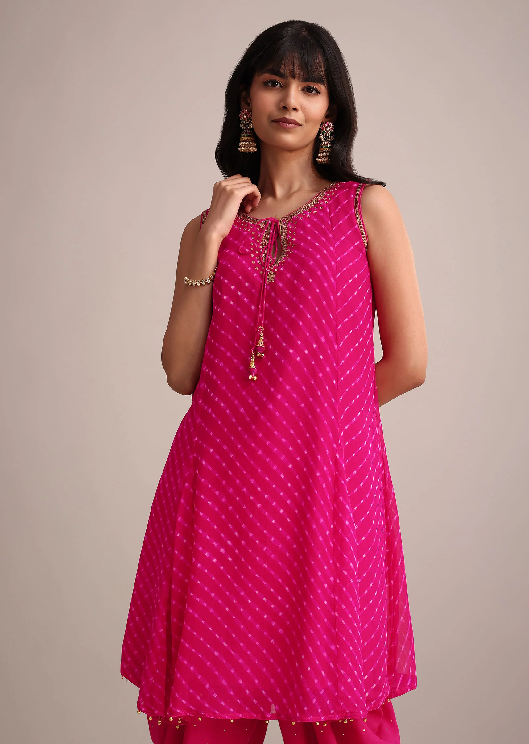 Rani Pink Leheriya Printed Kurta Dhoti Set - Image 4