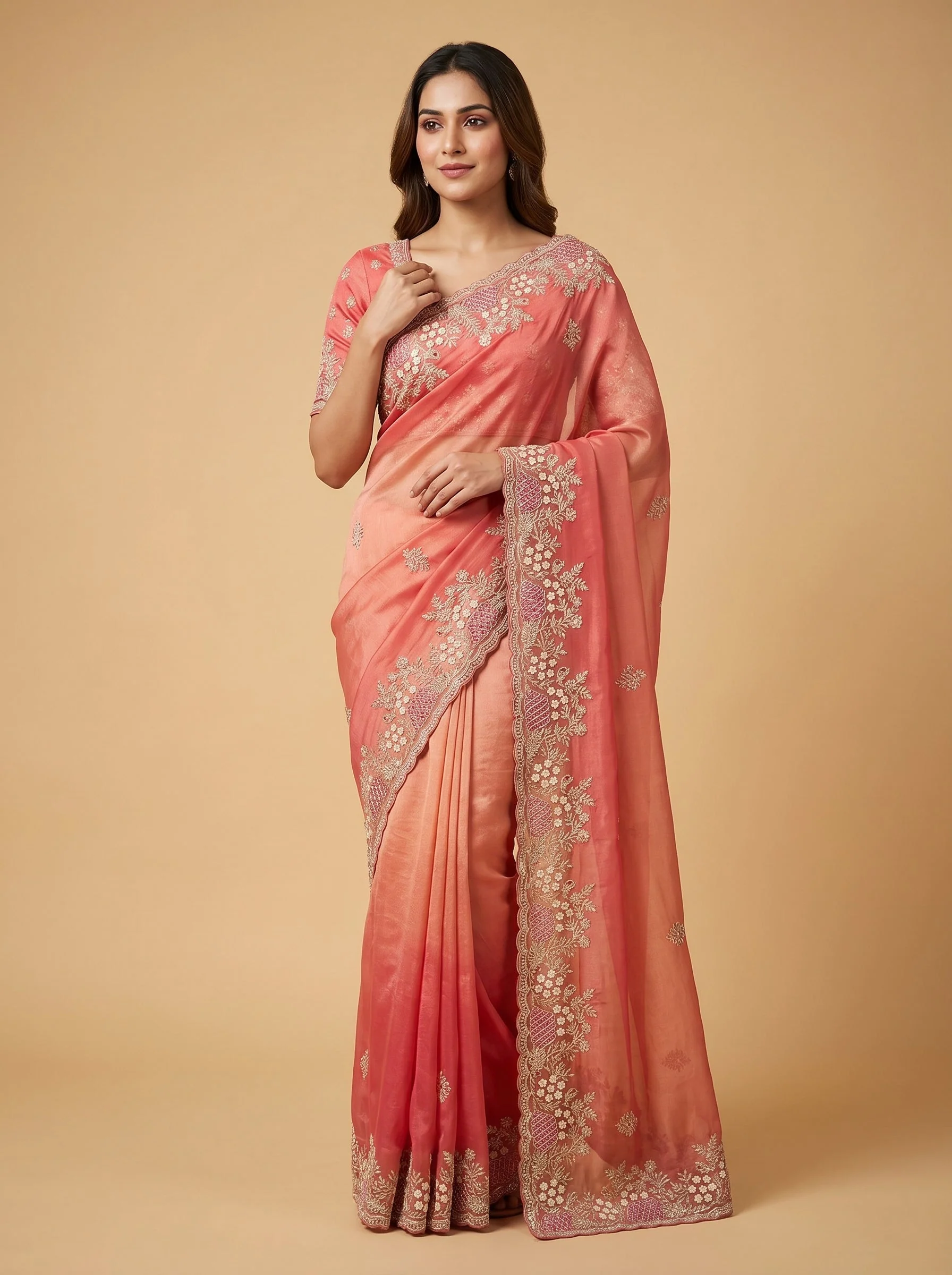 Rani Pink Ombre Embroidered Saree