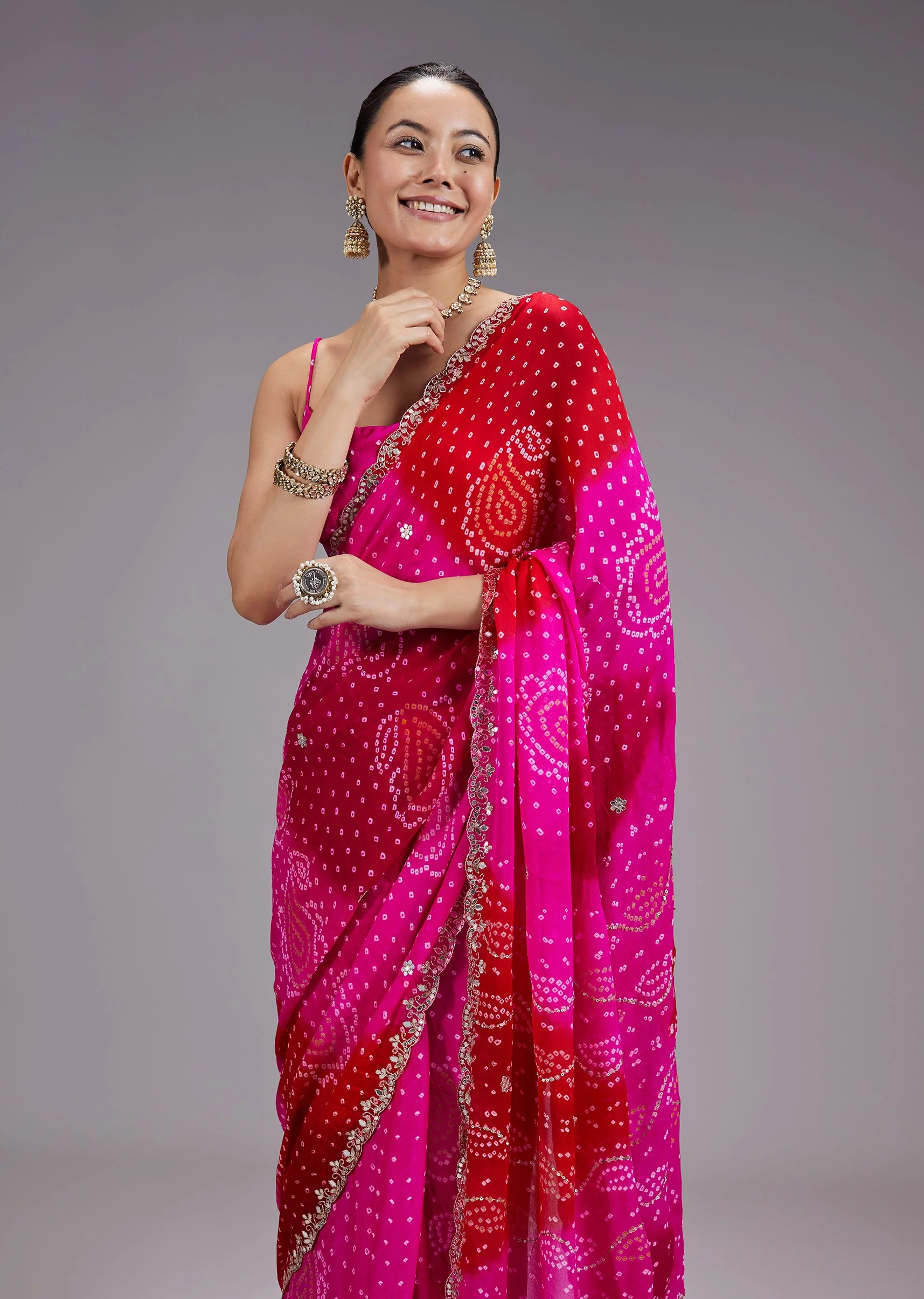 Rani Pink Ombre Hand TieDye Bandhani Georgette Saree With Gota Patti Border - Image 5