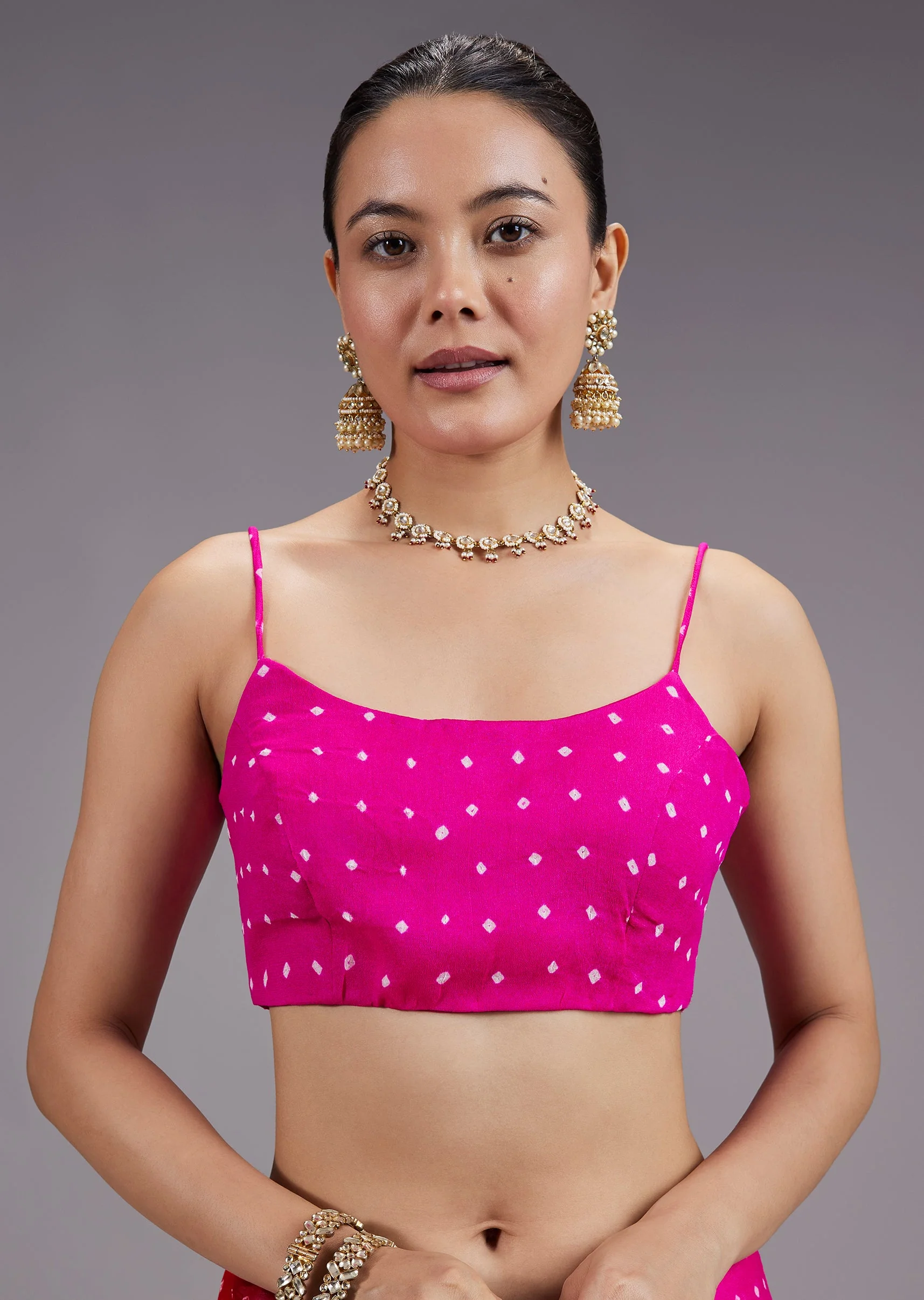 Rani Pink Ombre Hand TieDye Bandhani Georgette Saree With Gota Patti Border - Image 7