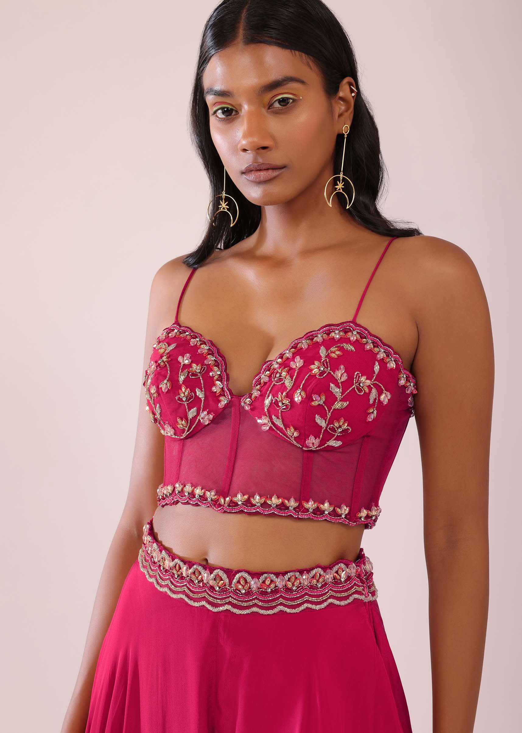 Rani Pink Organza Palazzo And Corset Blouse Set With Floral Embroidery - Image 8