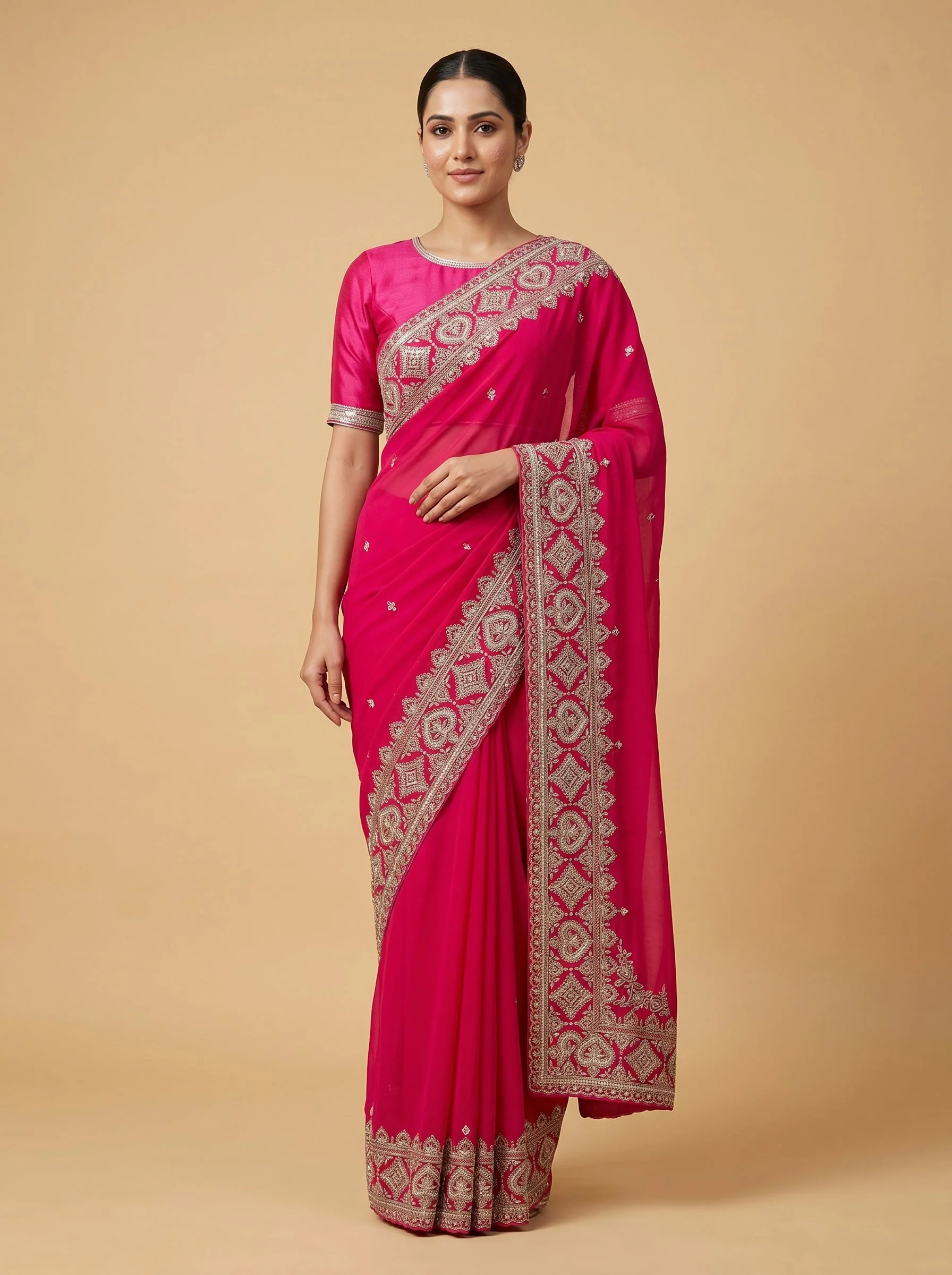 Rani Pink Regal Bloom Embroidered Saree