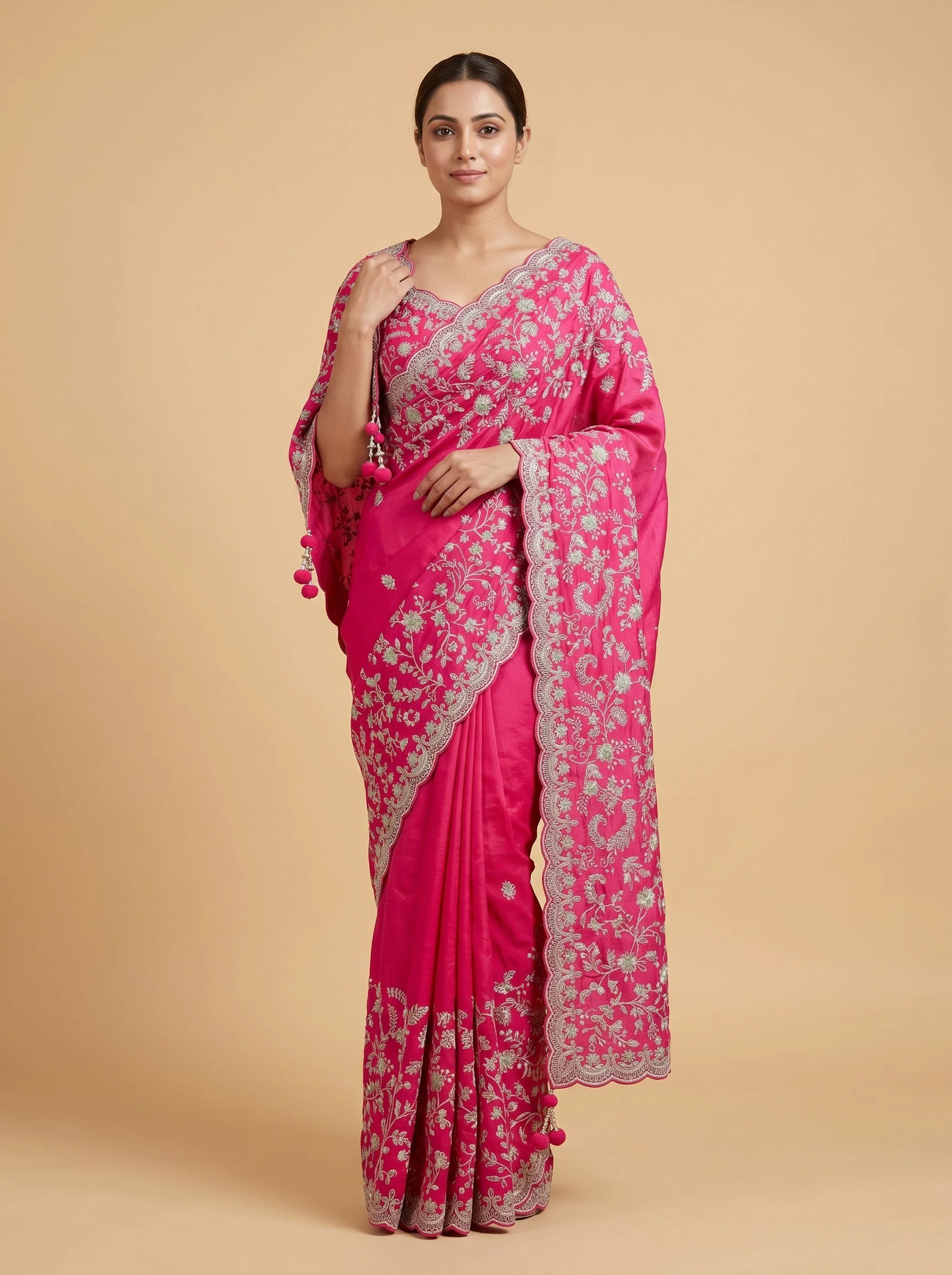 Rani Pink Rich Embroidered Saree