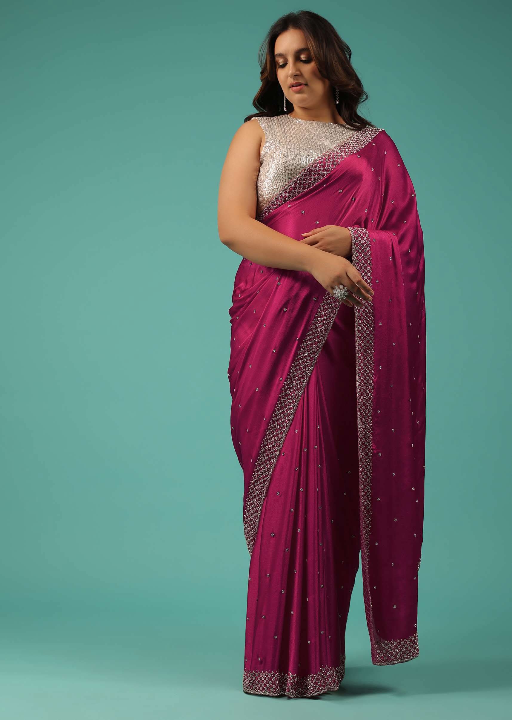 Rani Pink Saree In Chiffon With Cut Dana And Stones Embroidery - Image 3