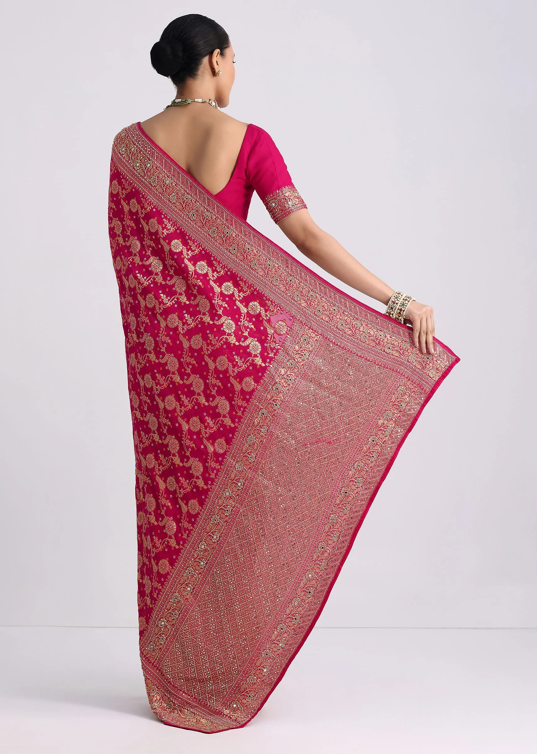 Rani Pink Saree With Bandhani Jaal And Cutdana Work - Image 6