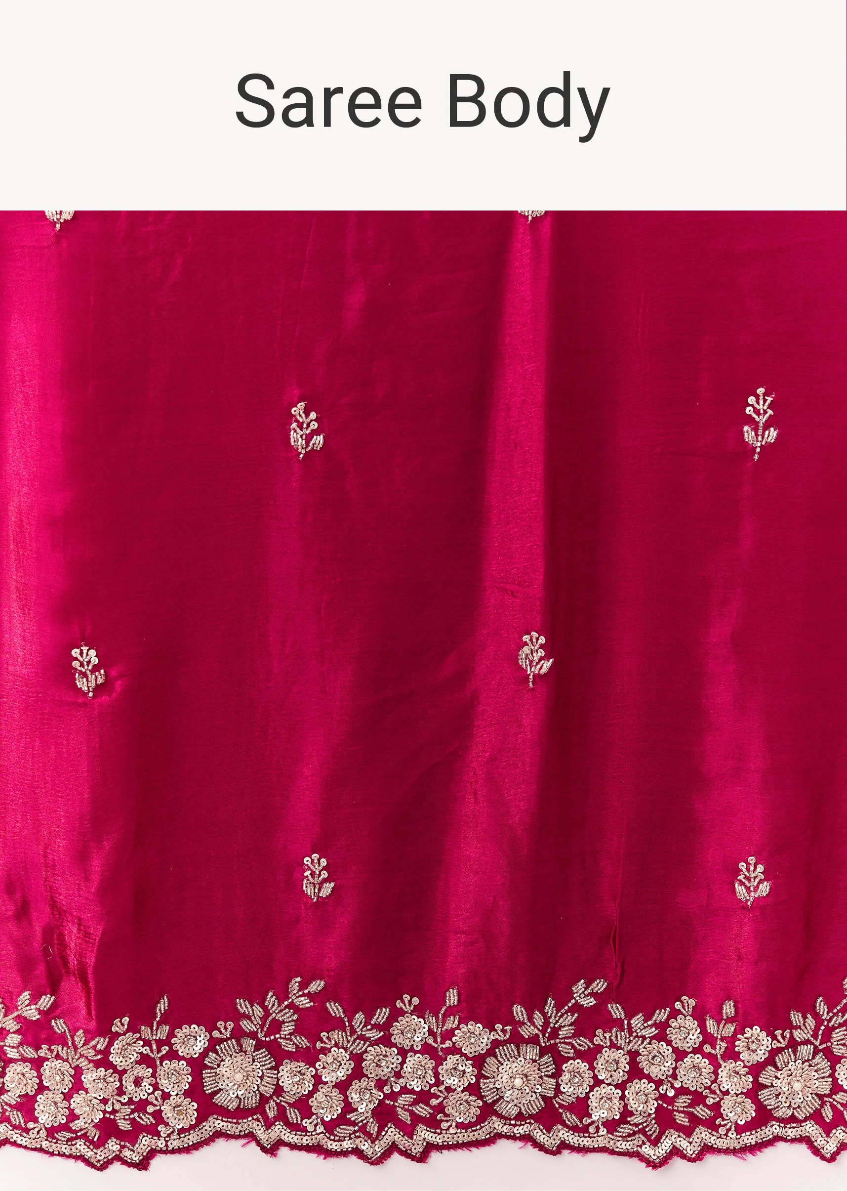 Rani Pink Satin Chinon Saree With Cutwork Floral Embroidered Border - Image 9