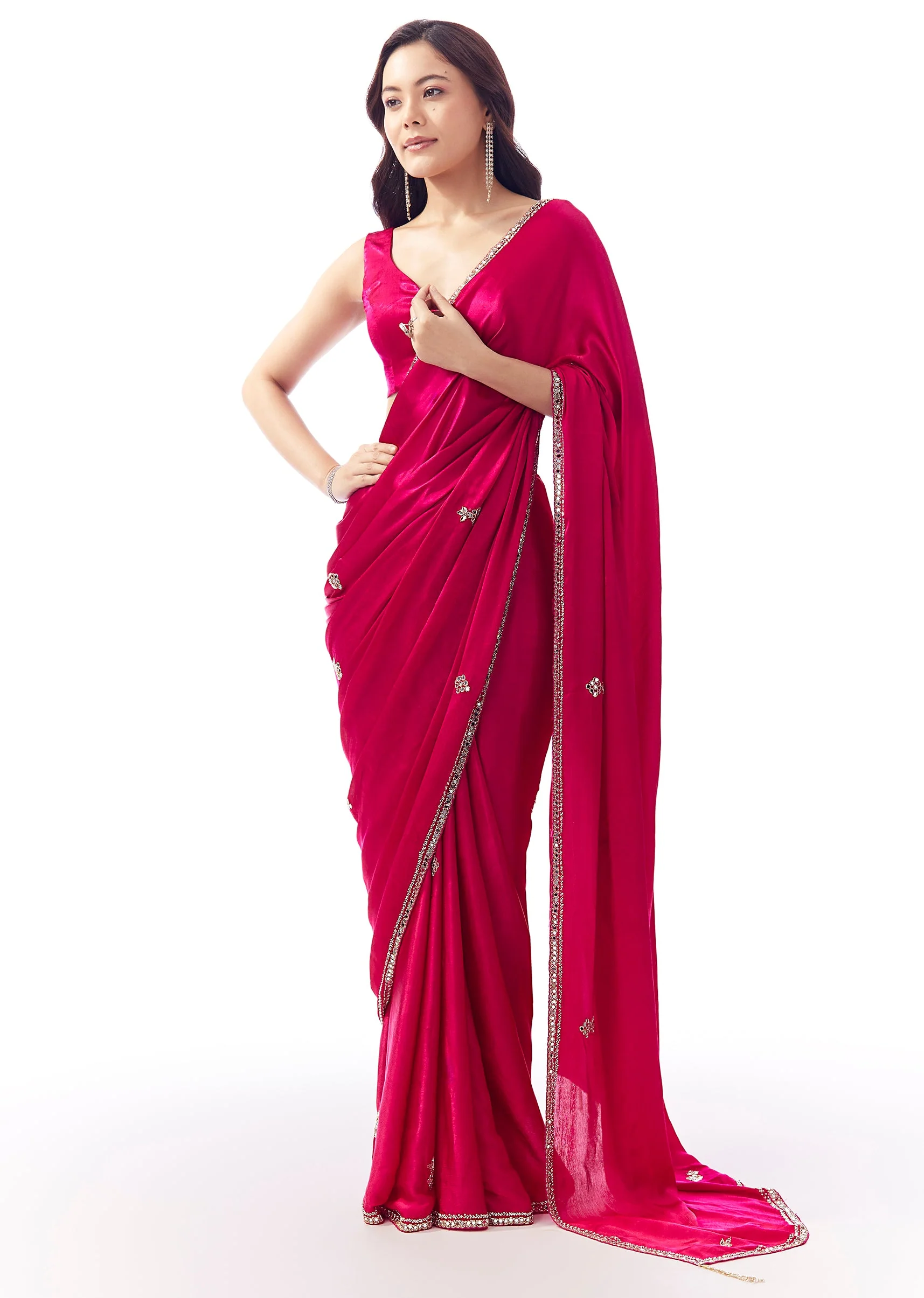 Rani Pink Satin Chinon Saree With Mirror And Bead Embroidered Border - Image 3