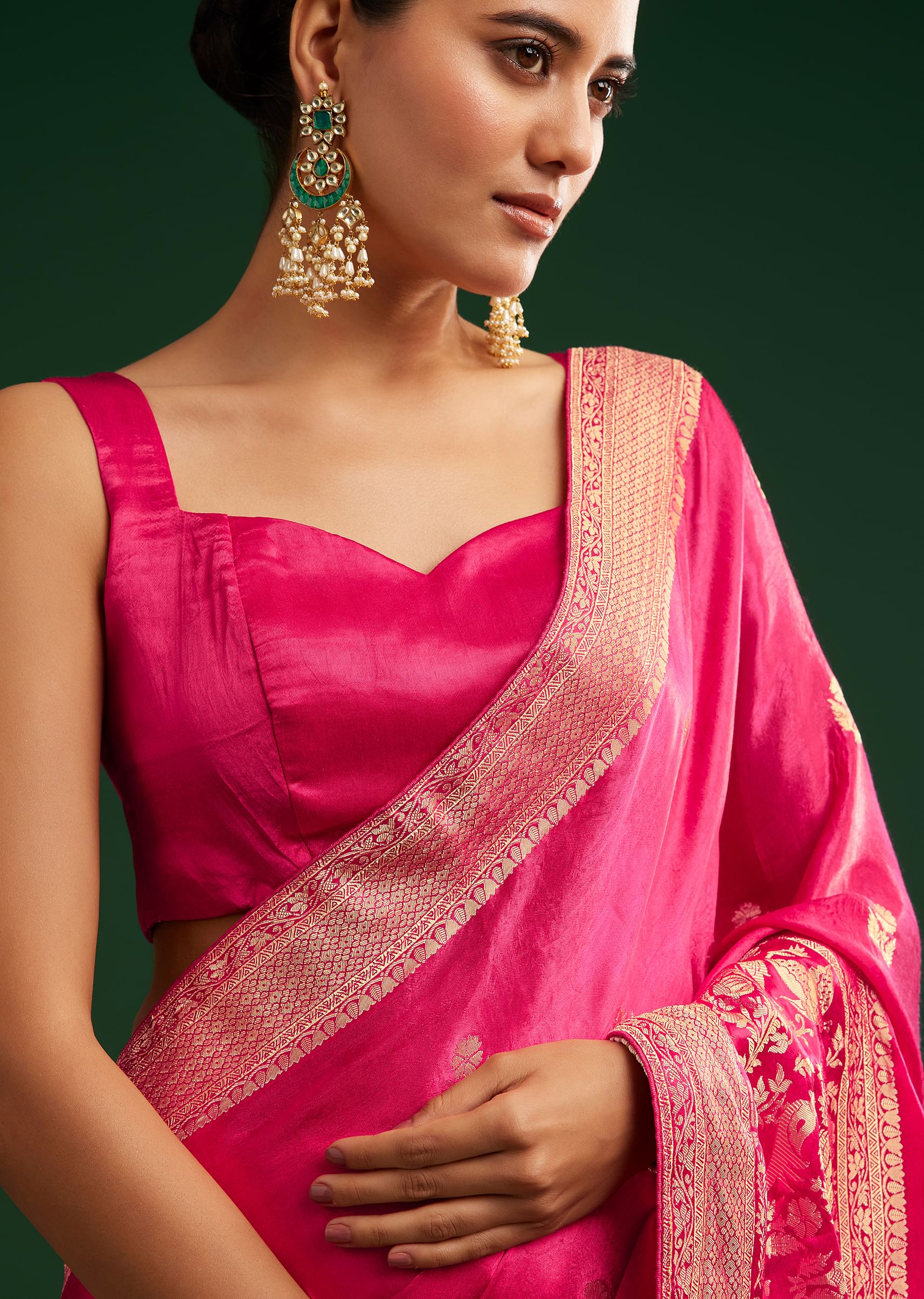 Rani Pink Satin Saree With Zari Woven Design - Image 3