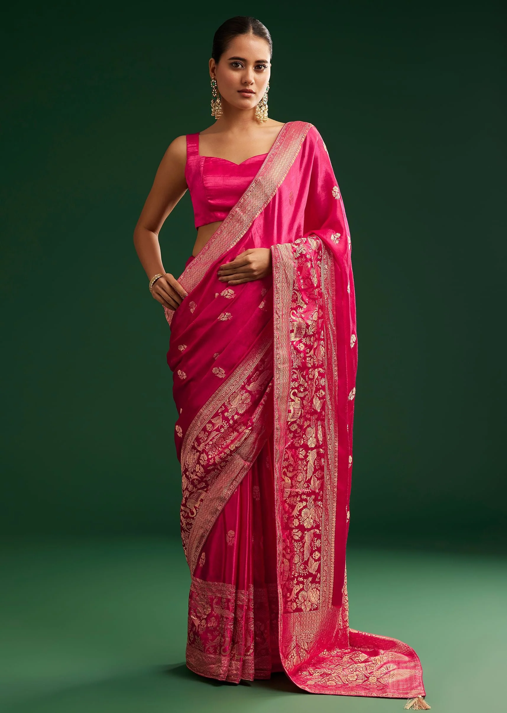 Rani Pink Satin Saree With Zari Woven Design - Image 5