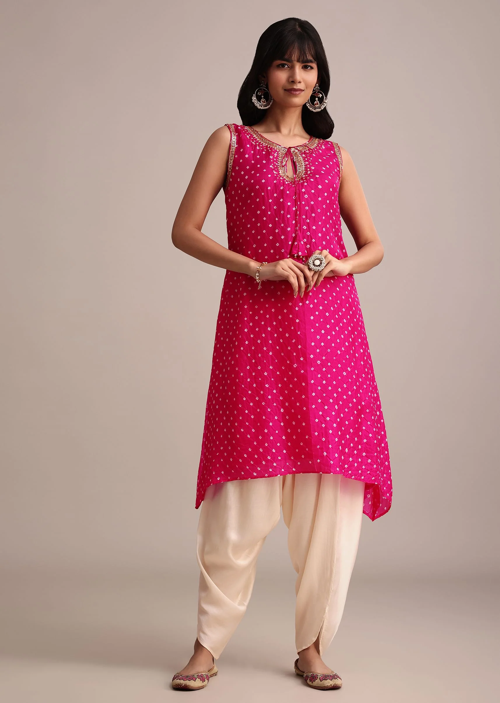 Rani Pink Silk Bandhani Print Kurta Dhoti Set - Image 3
