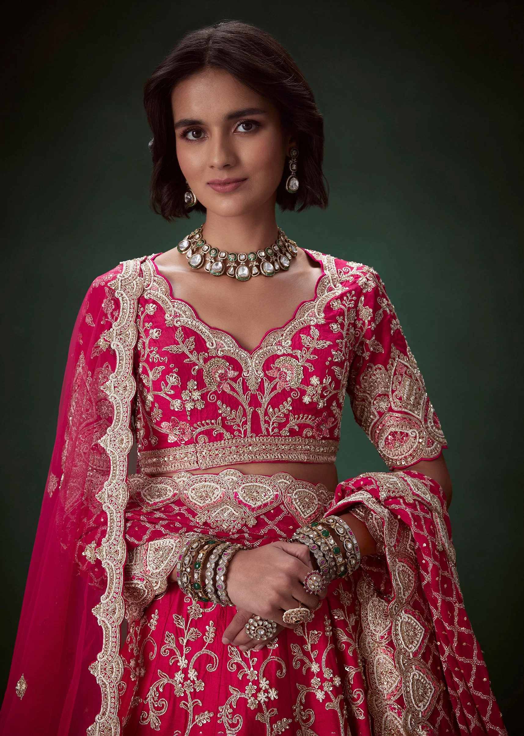 Rani Pink Silk Embroidered Bridal Lehenga Set with Scallop Dupatta - Image 3