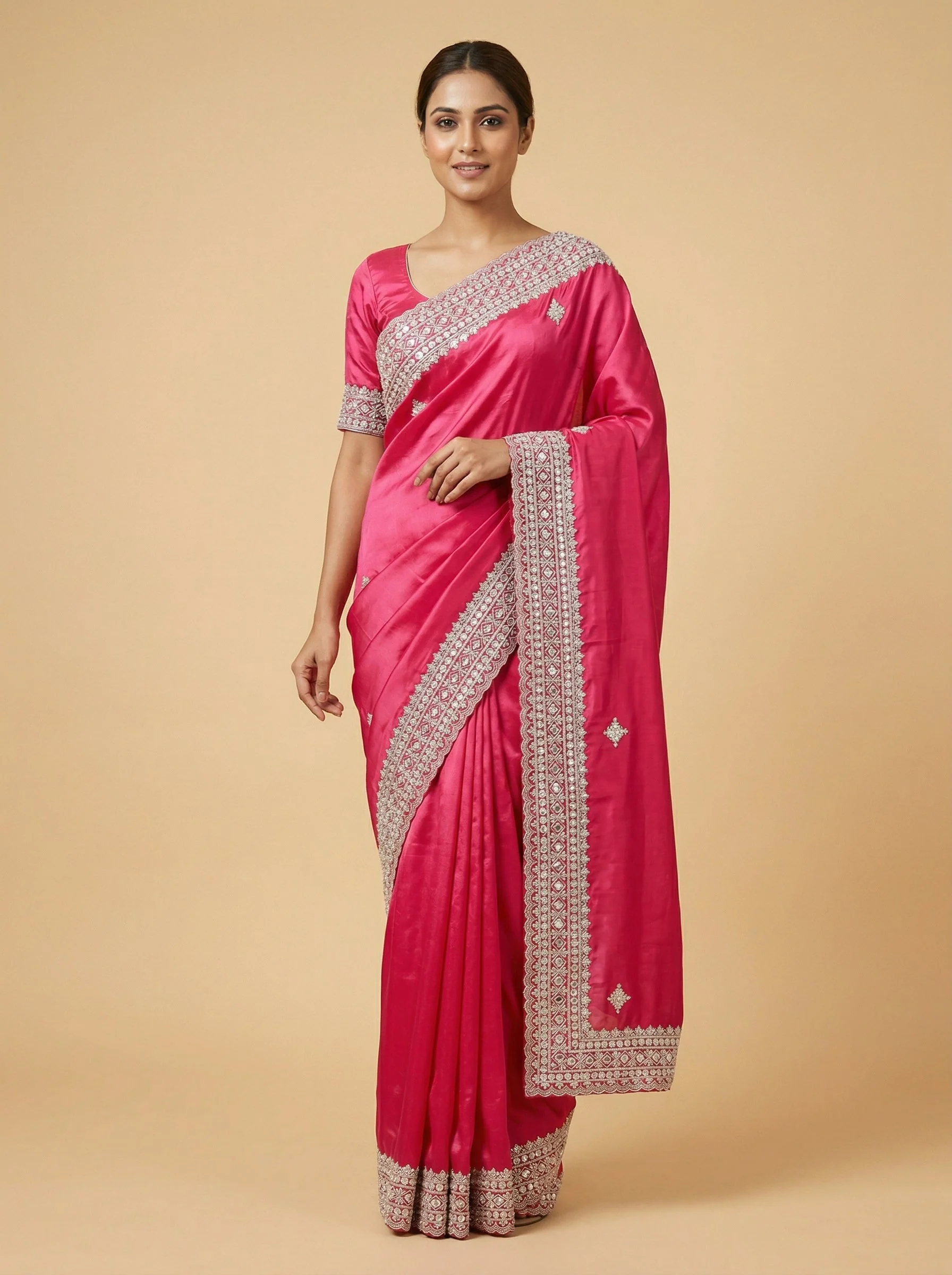 Rani Pink Sparkling Embroidered Saree
