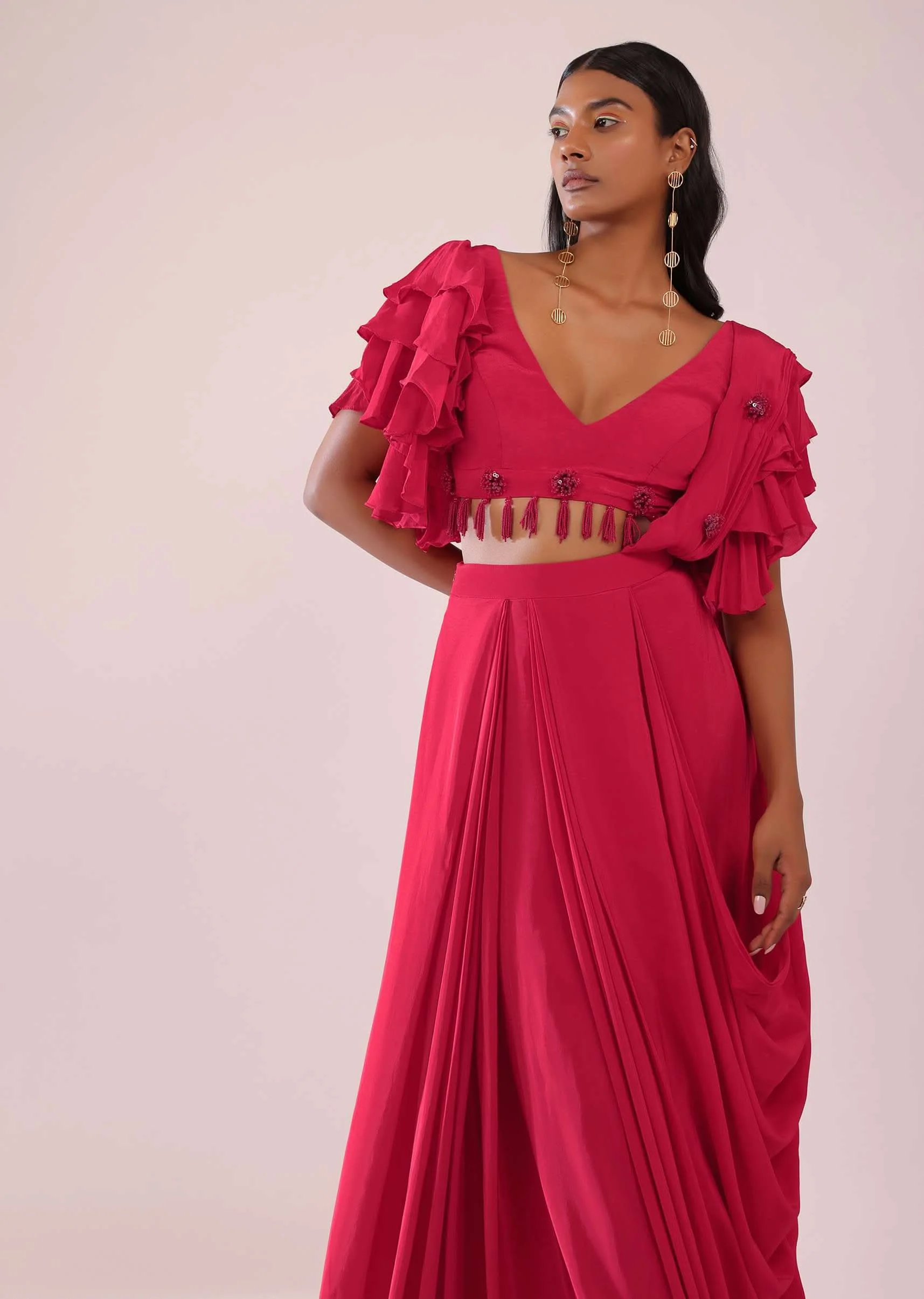 Rani Pink Stitched Drape Saree In Crepe With Tiki And Salli Work - Image 3