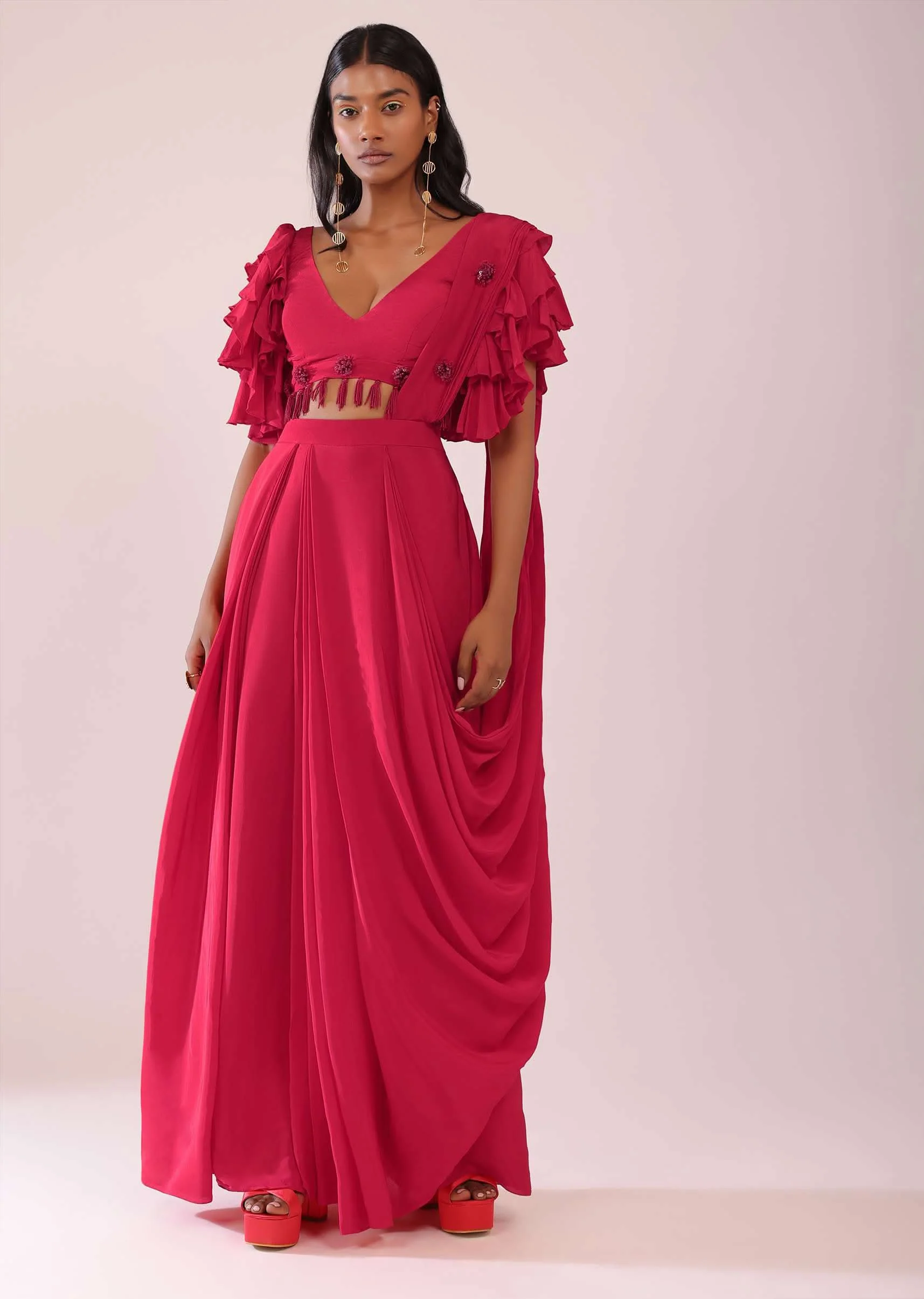 Rani Pink Stitched Drape Saree In Crepe With Tiki And Salli Work - Image 4