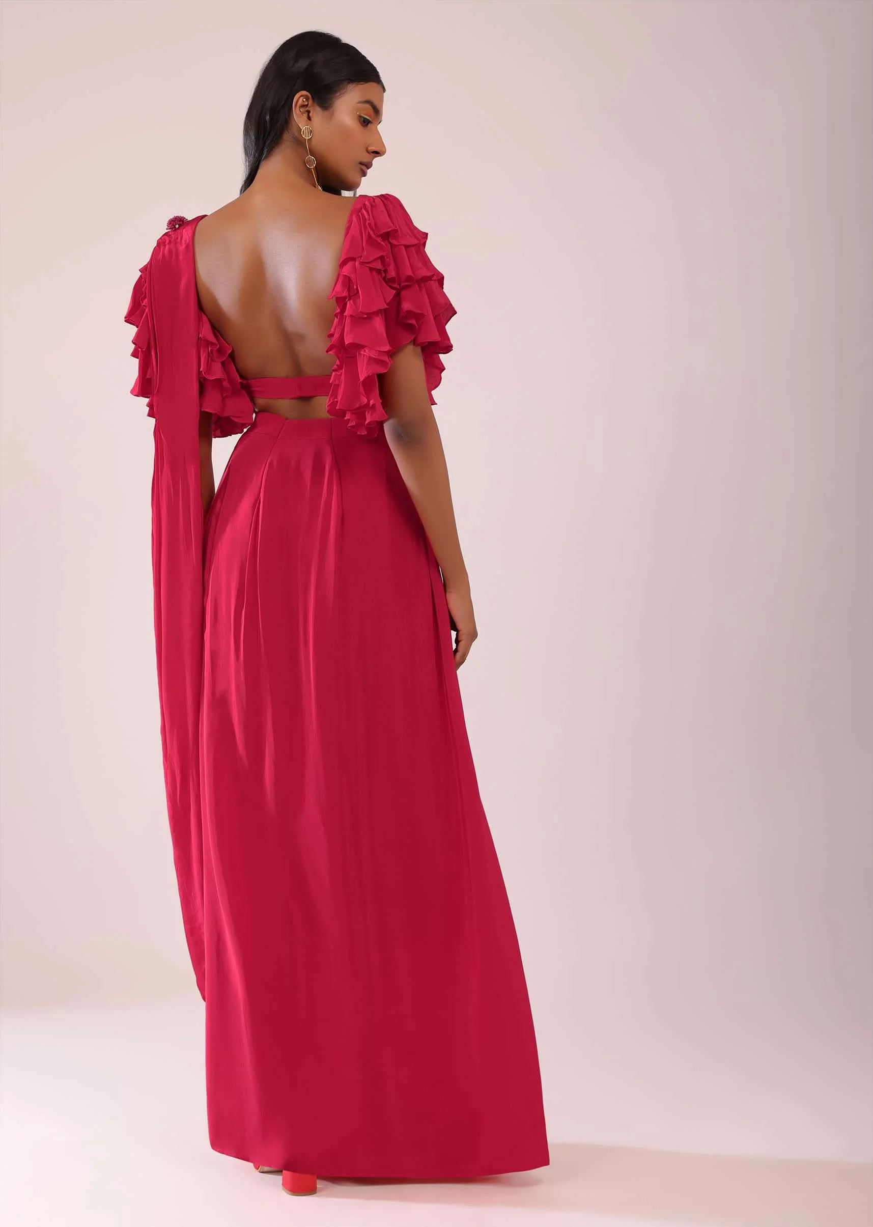 Rani Pink Stitched Drape Saree In Crepe With Tiki And Salli Work - Image 7