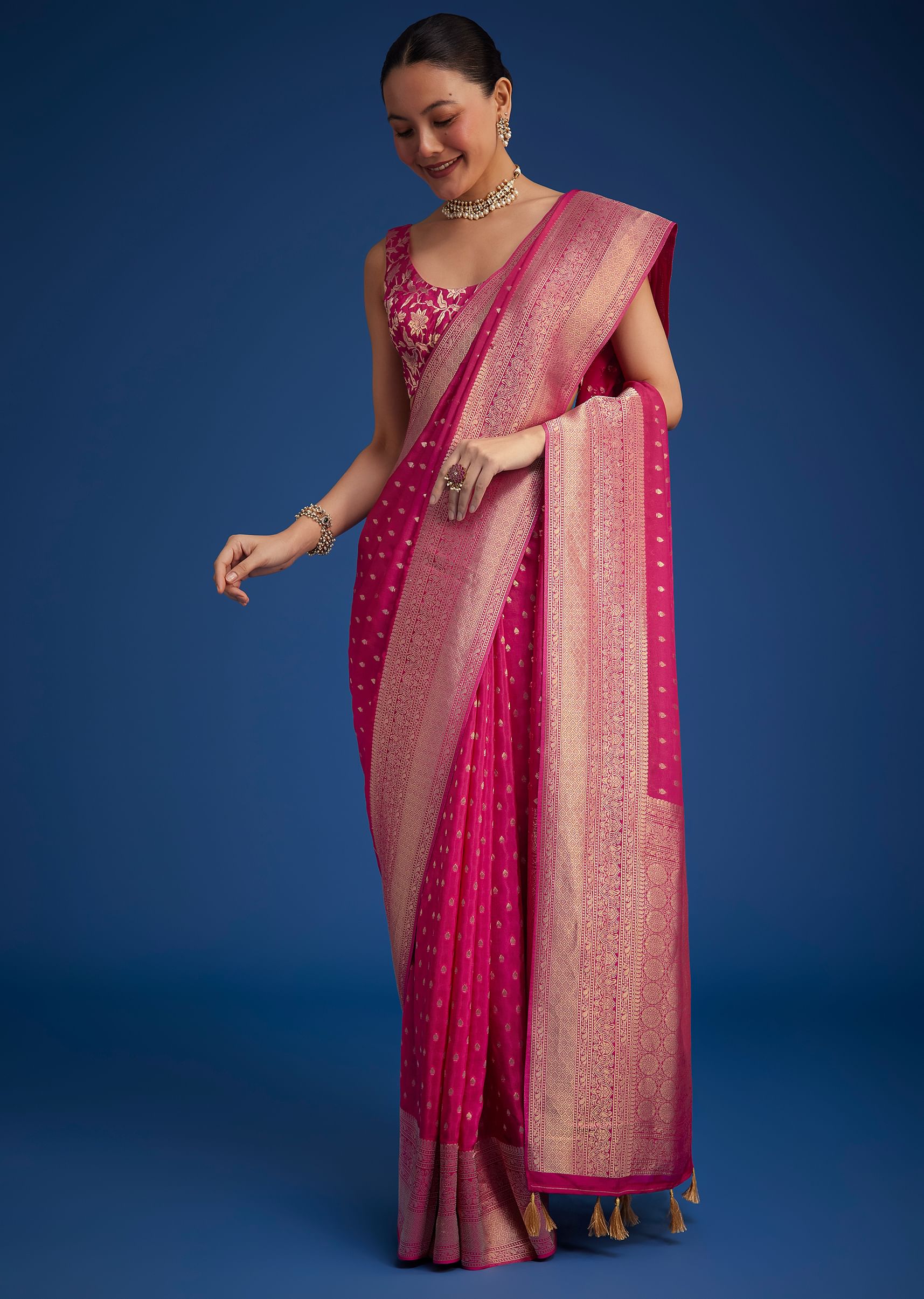 Rani Pink Tissue Silk Saree With Zari Border And Butti Work - Image 2