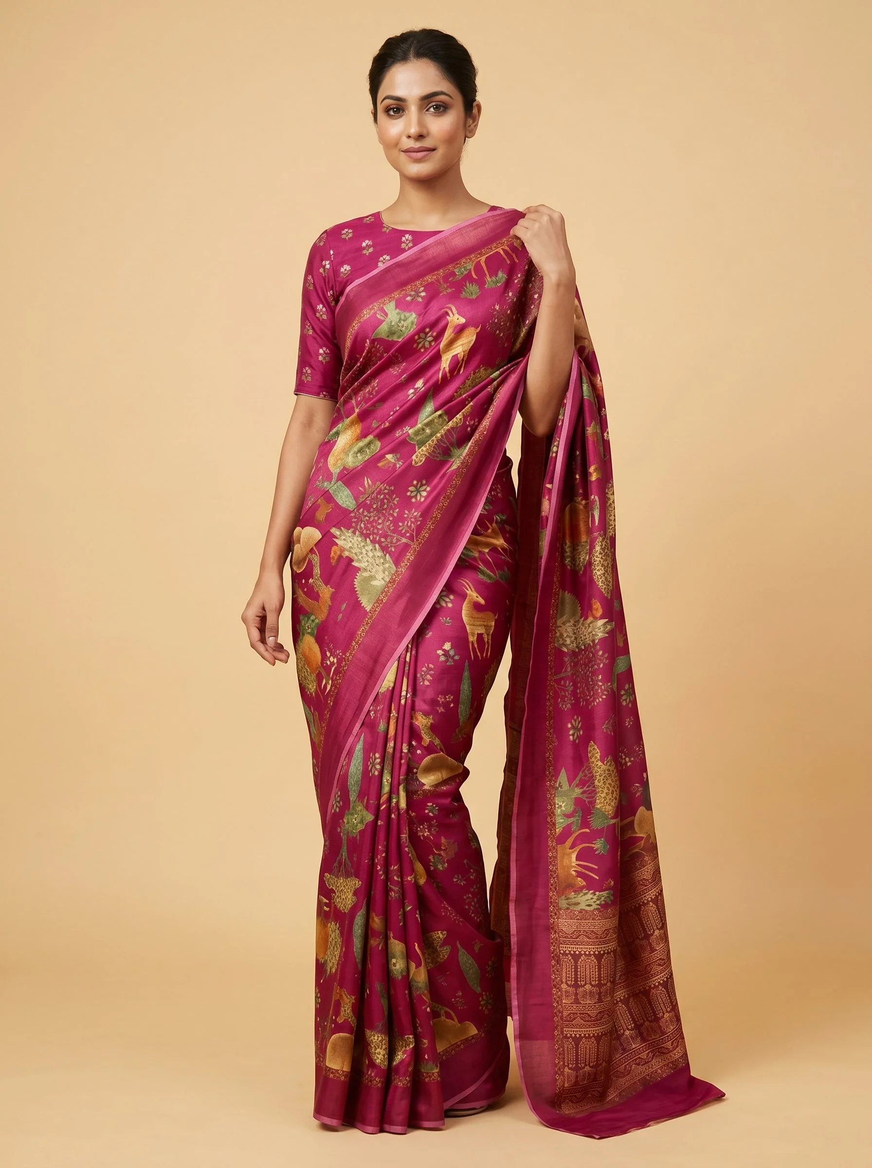 Rani Pink Vibrant Printed Saree