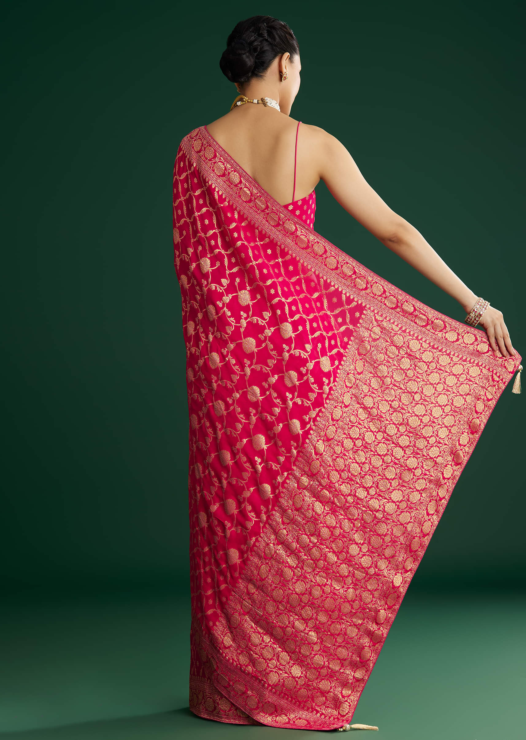 Rani Pink Woven Saree With Jaal Work And Floral Border - Image 6