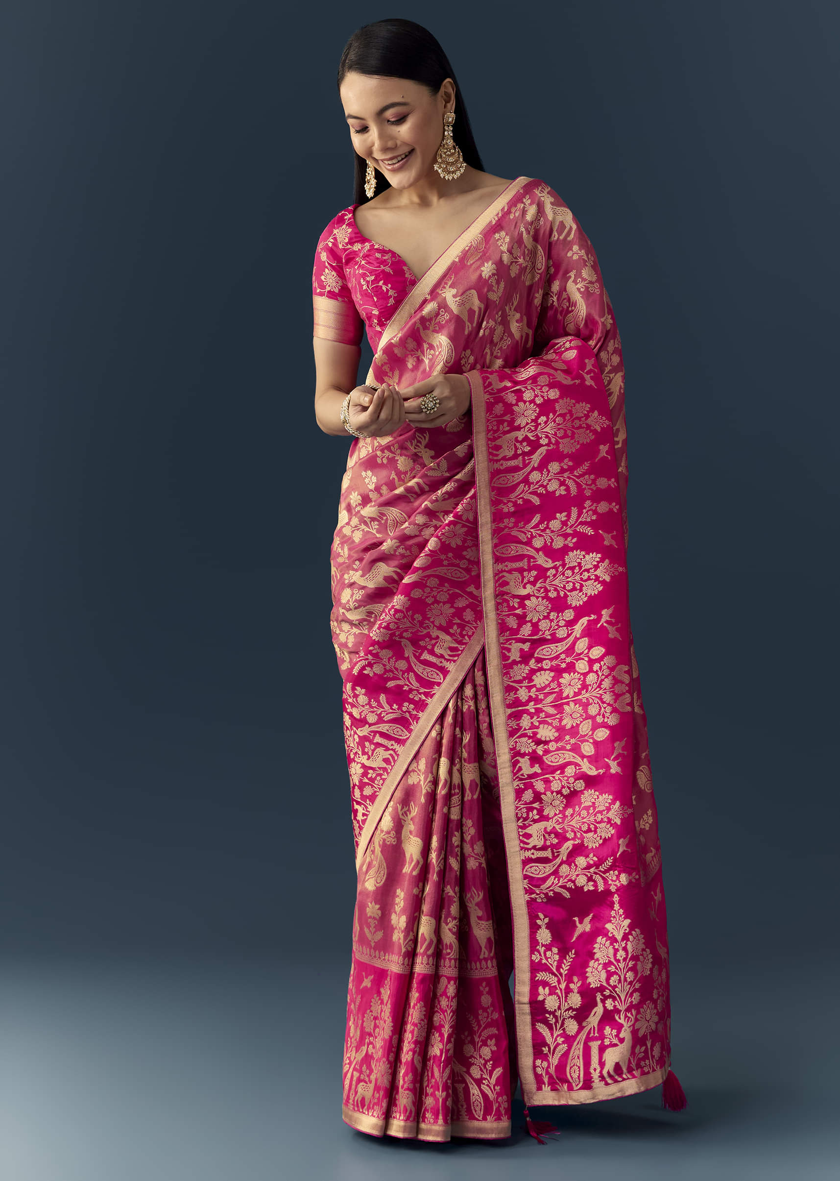 Rani Pink Zari Weave Saree with Brocade Blouse Fabric - Image 3
