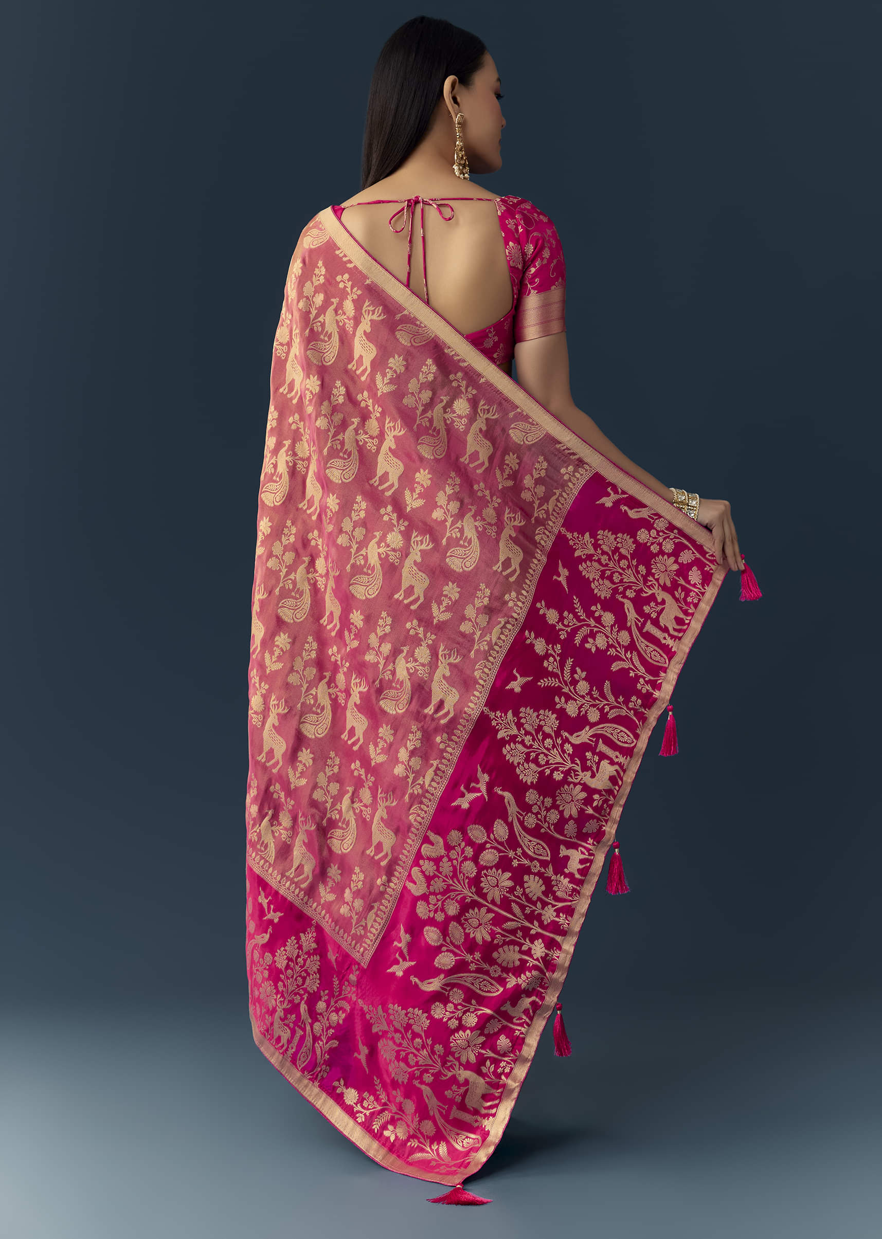 Rani Pink Zari Weave Saree with Brocade Blouse Fabric - Image 4