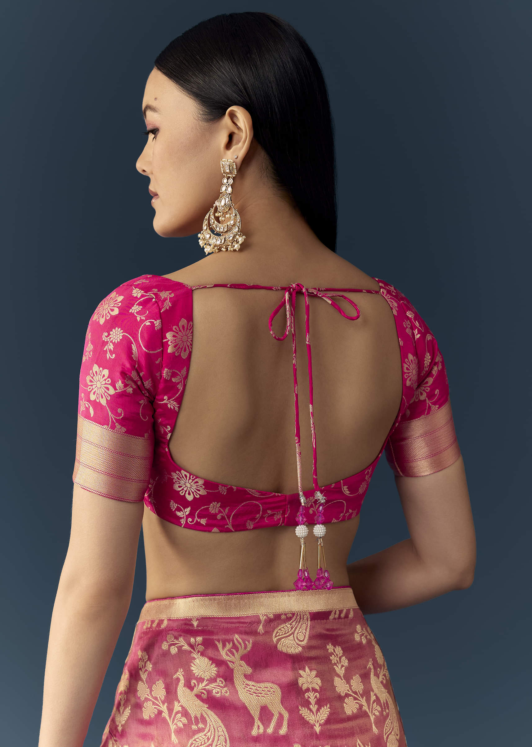 Rani Pink Zari Weave Saree with Brocade Blouse Fabric - Image 8
